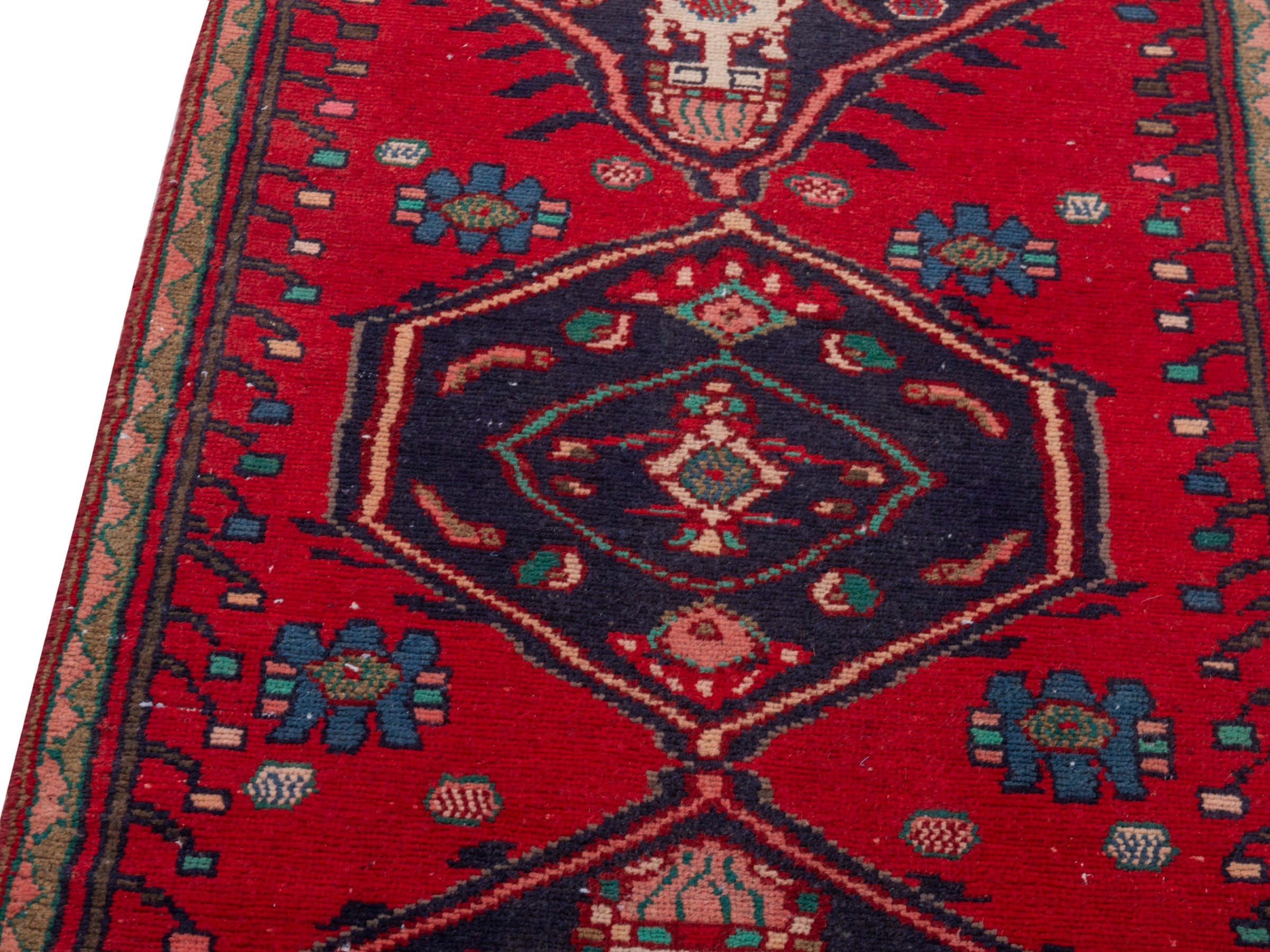 Persian Hamedan runner rug in deep red and dark blue, view 7 of 18