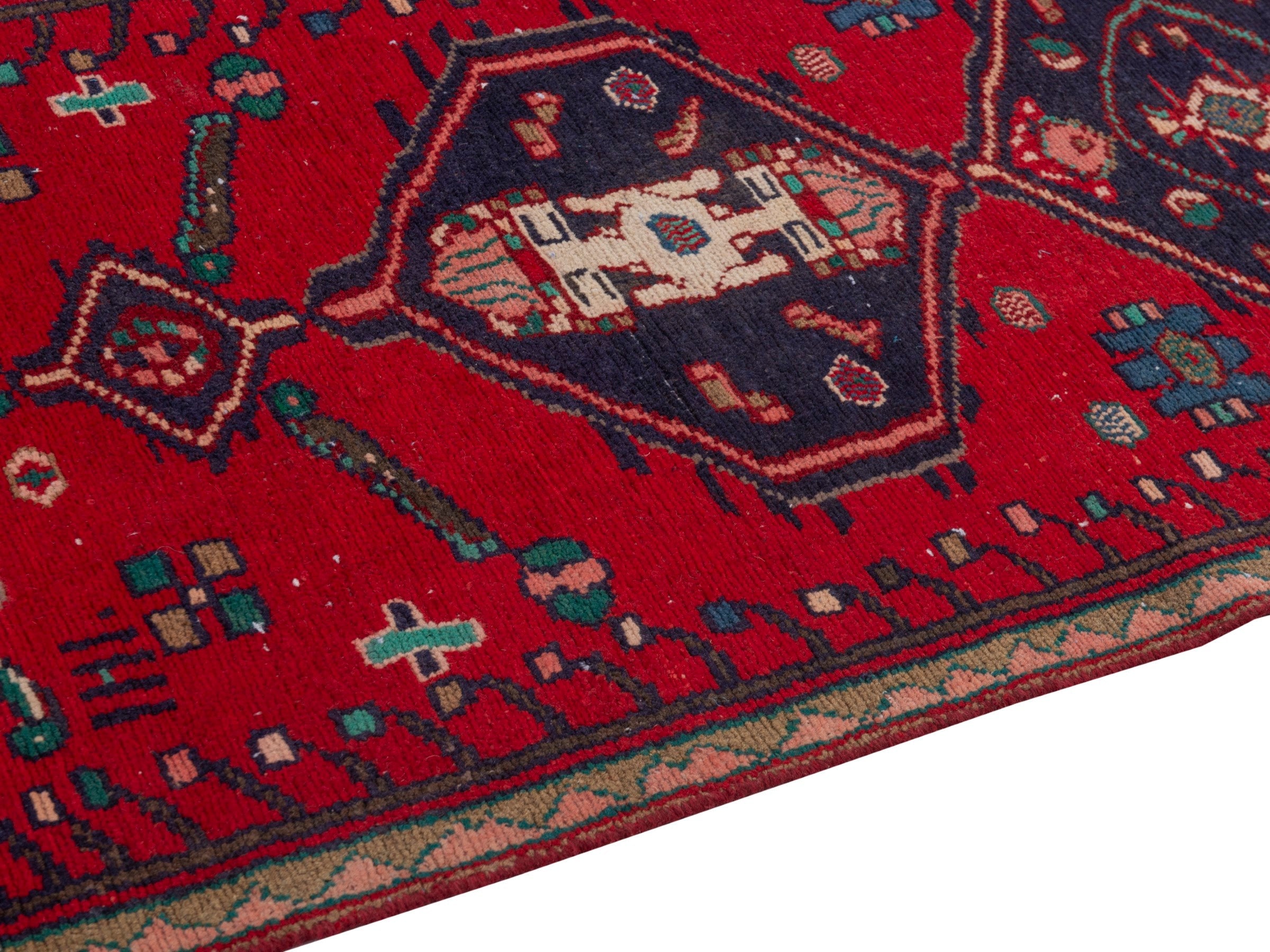 Persian Hamedan runner rug in deep red and dark blue, view 8 of 18
