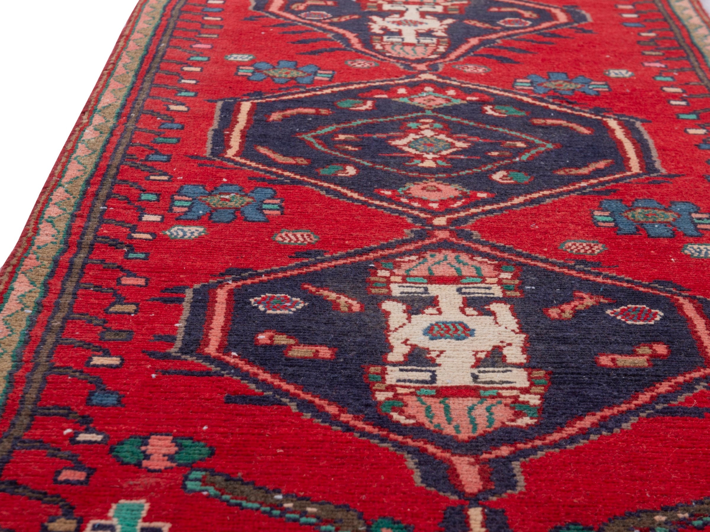 Persian Hamedan runner rug in deep red and dark blue, view 9 of 18