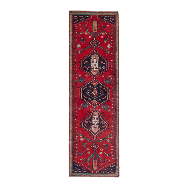 Persian Hamedan runner rug in deep red and dark blue, 2'6" x 8'4"