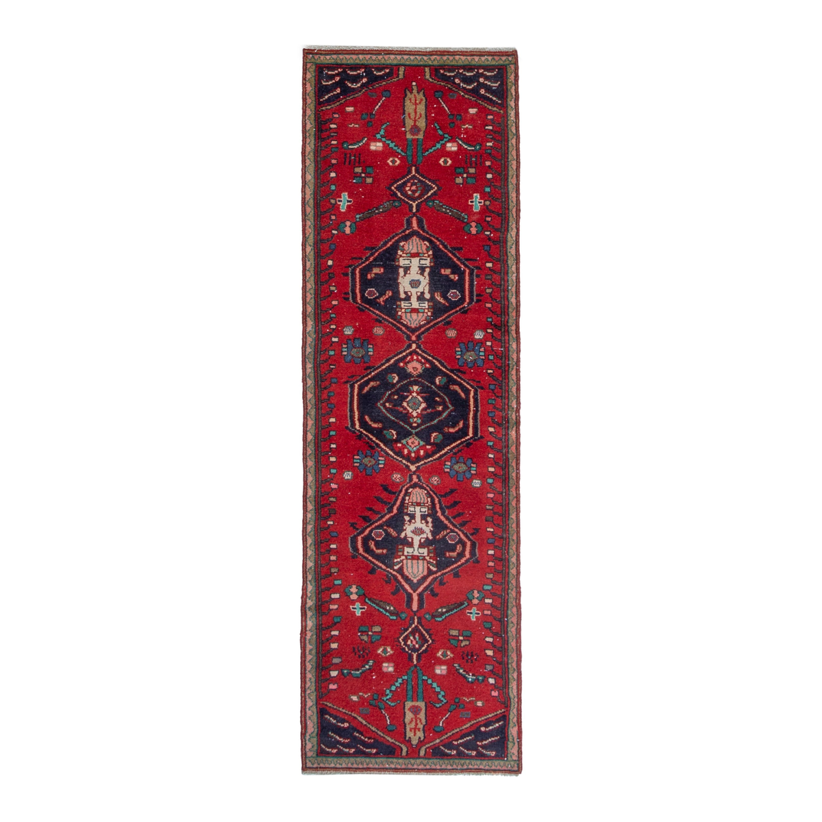 Persian Hamedan runner rug in deep red and dark blue, 2'6" x 8'4"