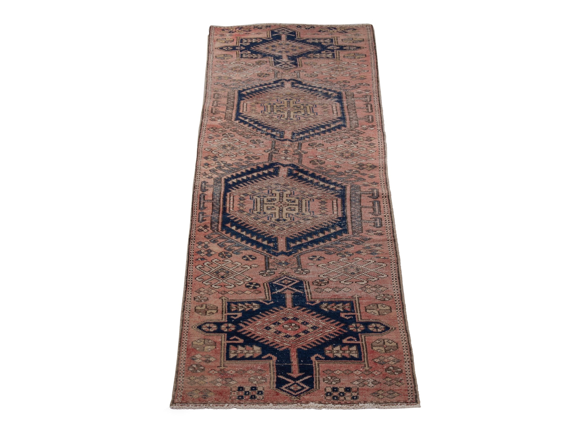 Persian Gharajeh runner rug in terracotta and dark blue, view 3 of 18