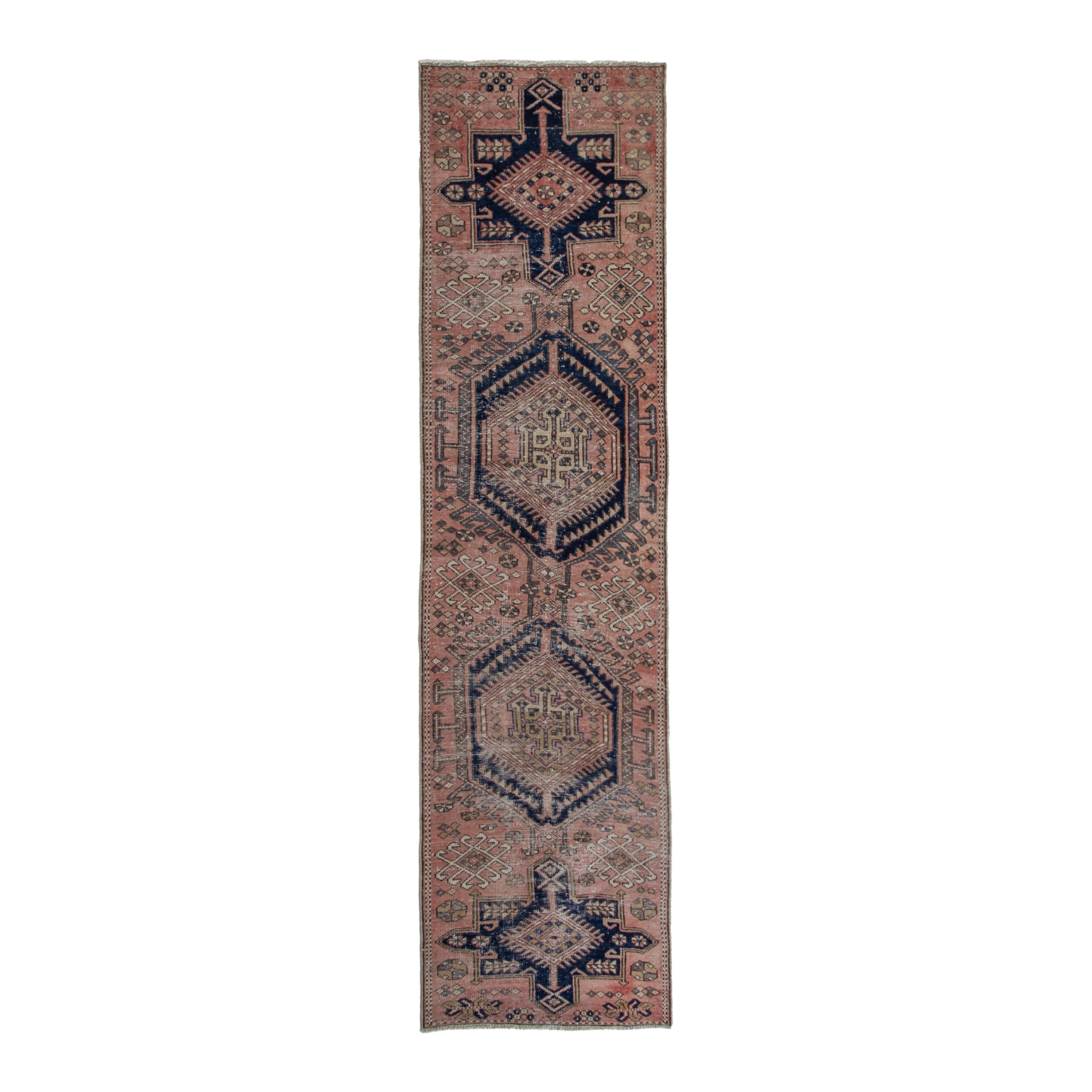 Persian Gharajeh runner rug in terracotta and dark blue, 2'7" x 9'8"