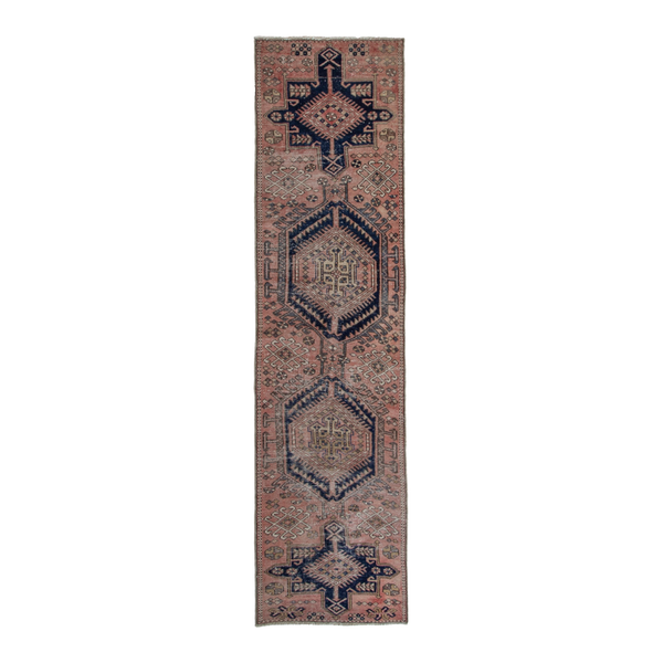 Persian Gharajeh runner rug in terracotta and dark blue, 2'7" x 9'8"