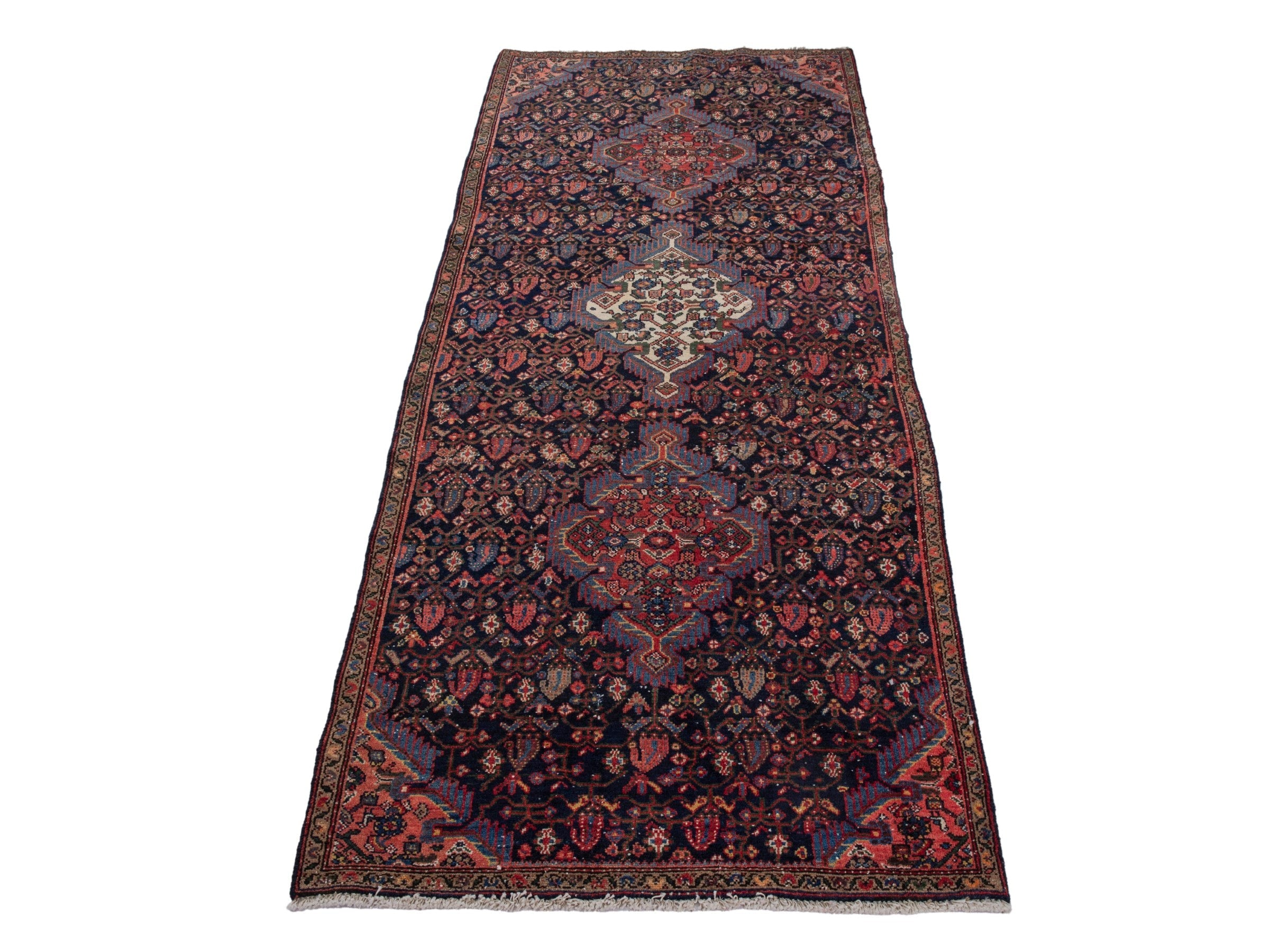 Persian Hamedan runner rug in navy and rose, view 3 of 21
