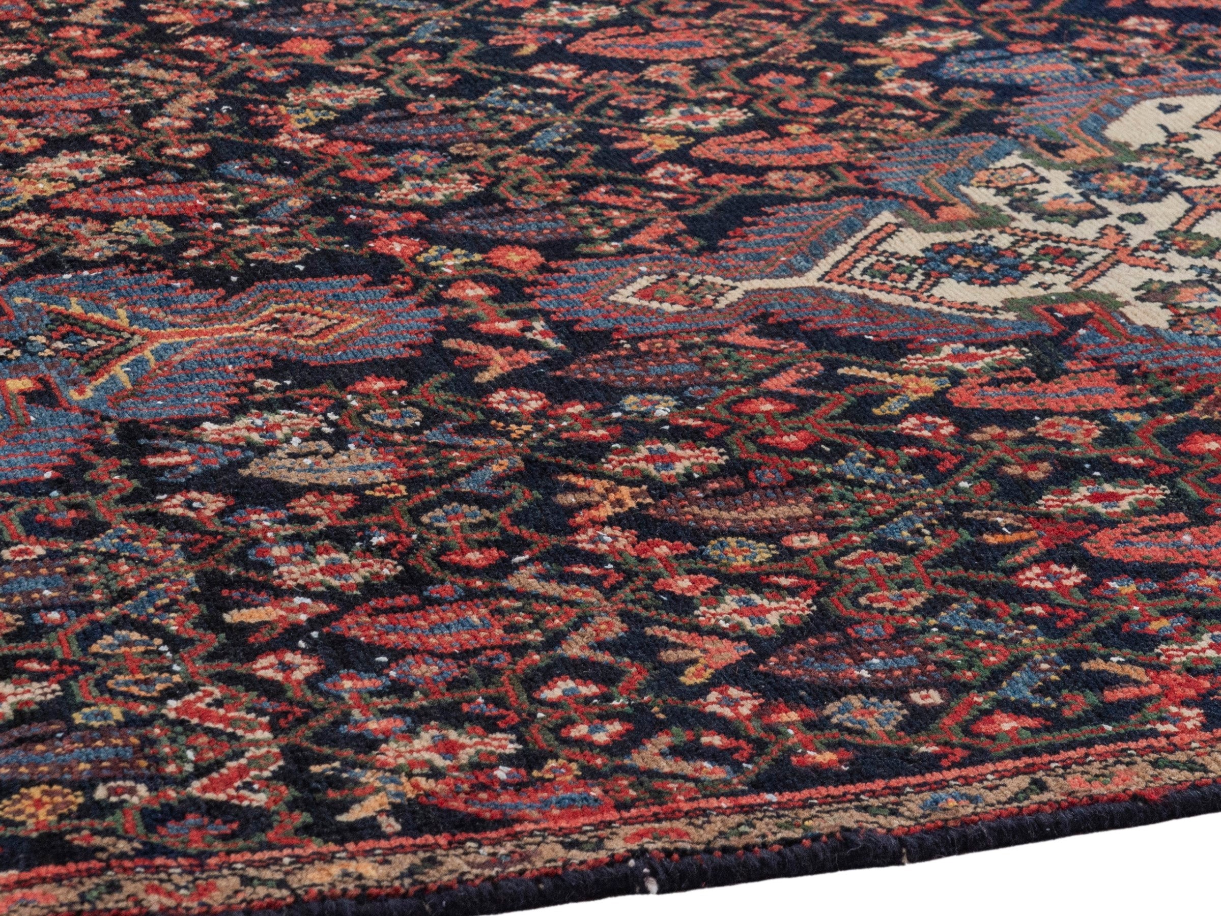 Persian Hamedan runner rug in navy and rose, view 8 of 21
