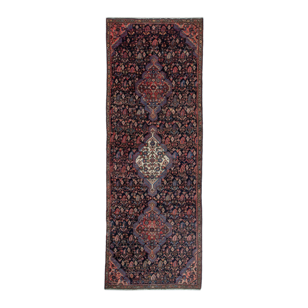 Persian Hamadan runner rug in navy and rose, 3'6" x 9'2"