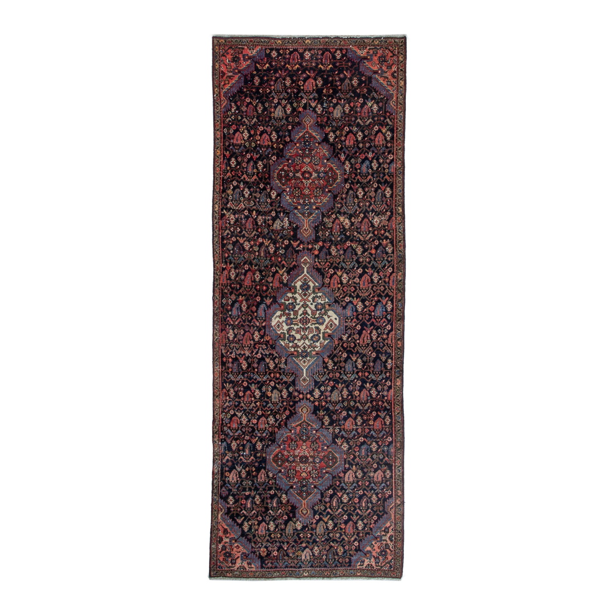 Persian Hamadan runner rug in navy and rose, 3'6" x 9'2"