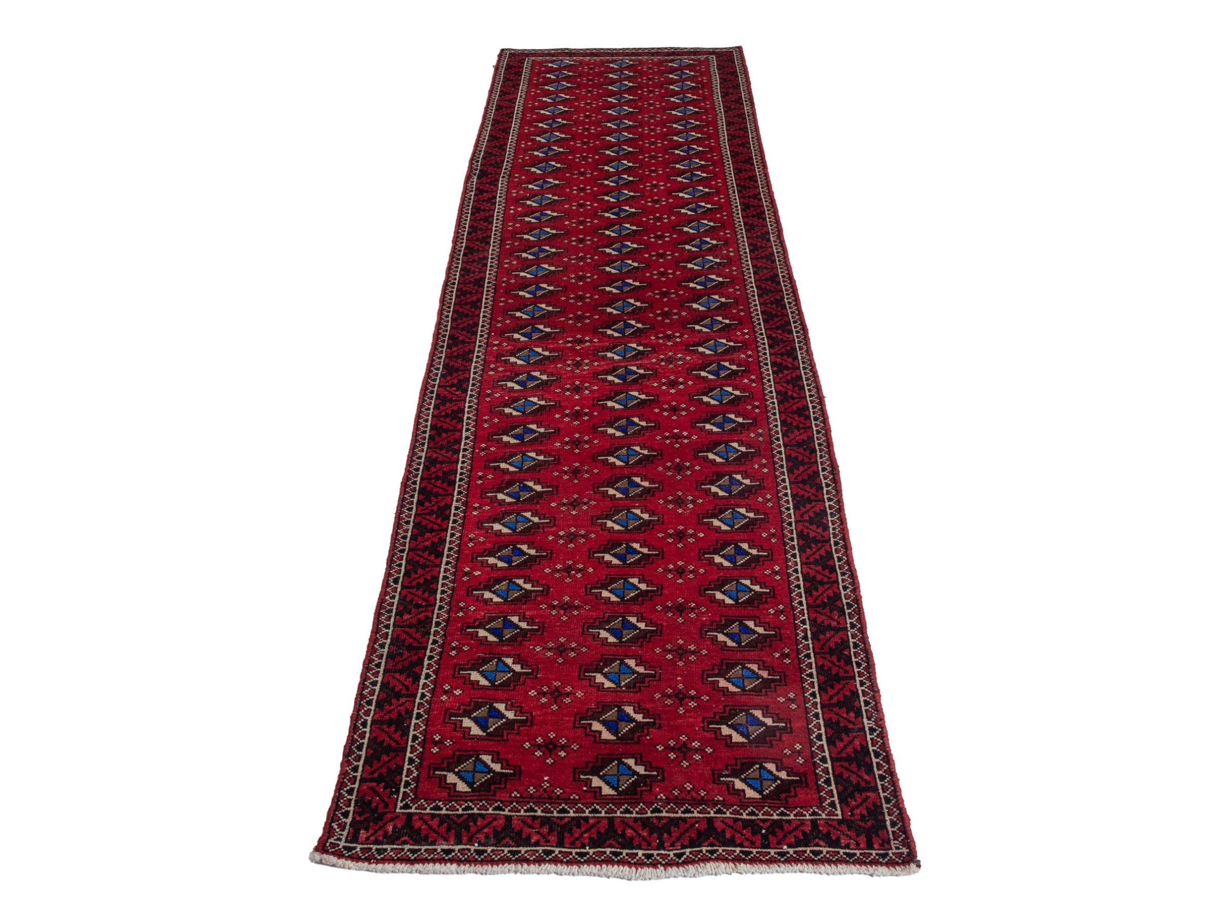 Persian Baluch runner rug in deep red and navy, view 2 of 17