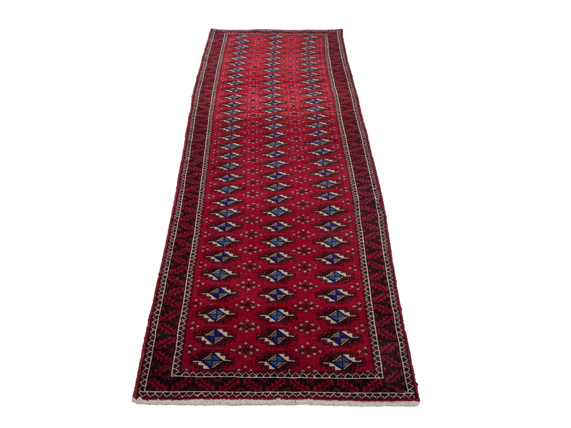 Persian Baluch runner rug in deep red and navy, view 3 of 17