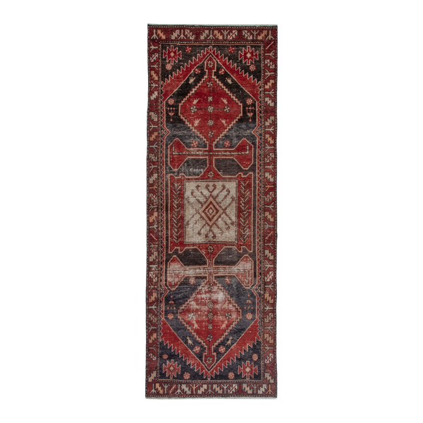 Persian Saveh runner rug in deep red and charcoal, 3'7" x 10'