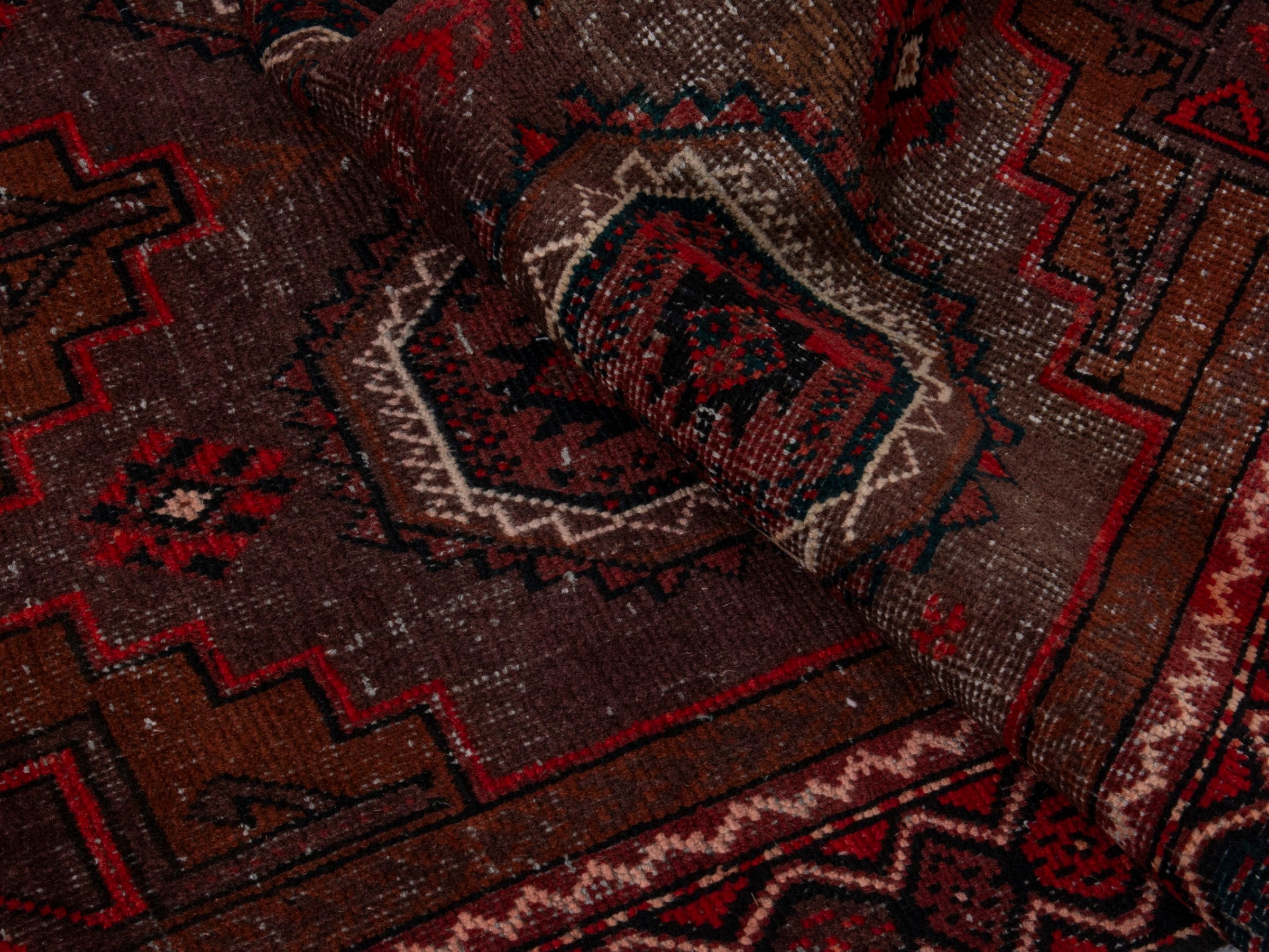 Persian Baluch runner rug in burgundy and deep red, view 14 of 17