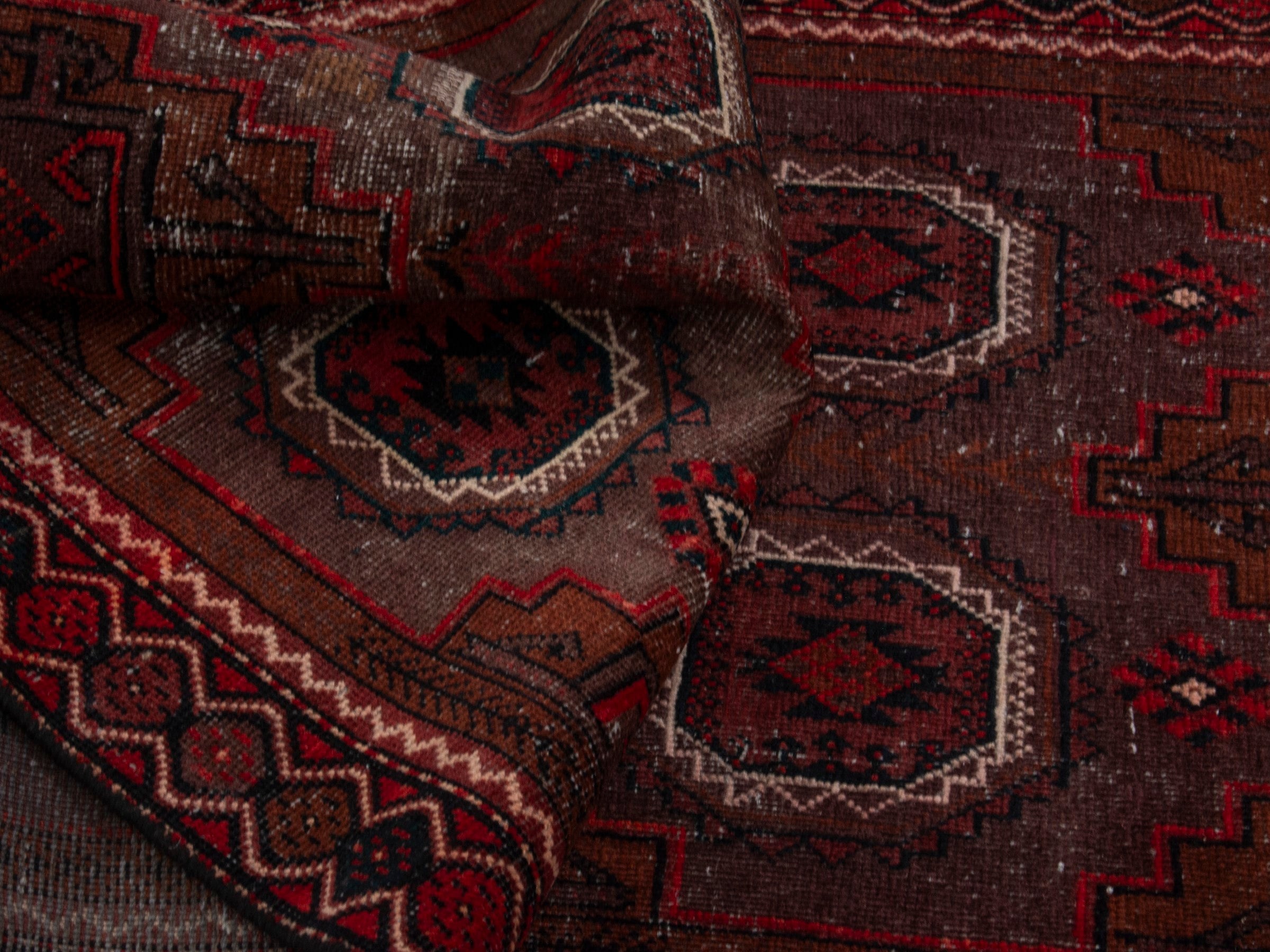Persian Baluch runner rug in burgundy and deep red, view 15 of 17