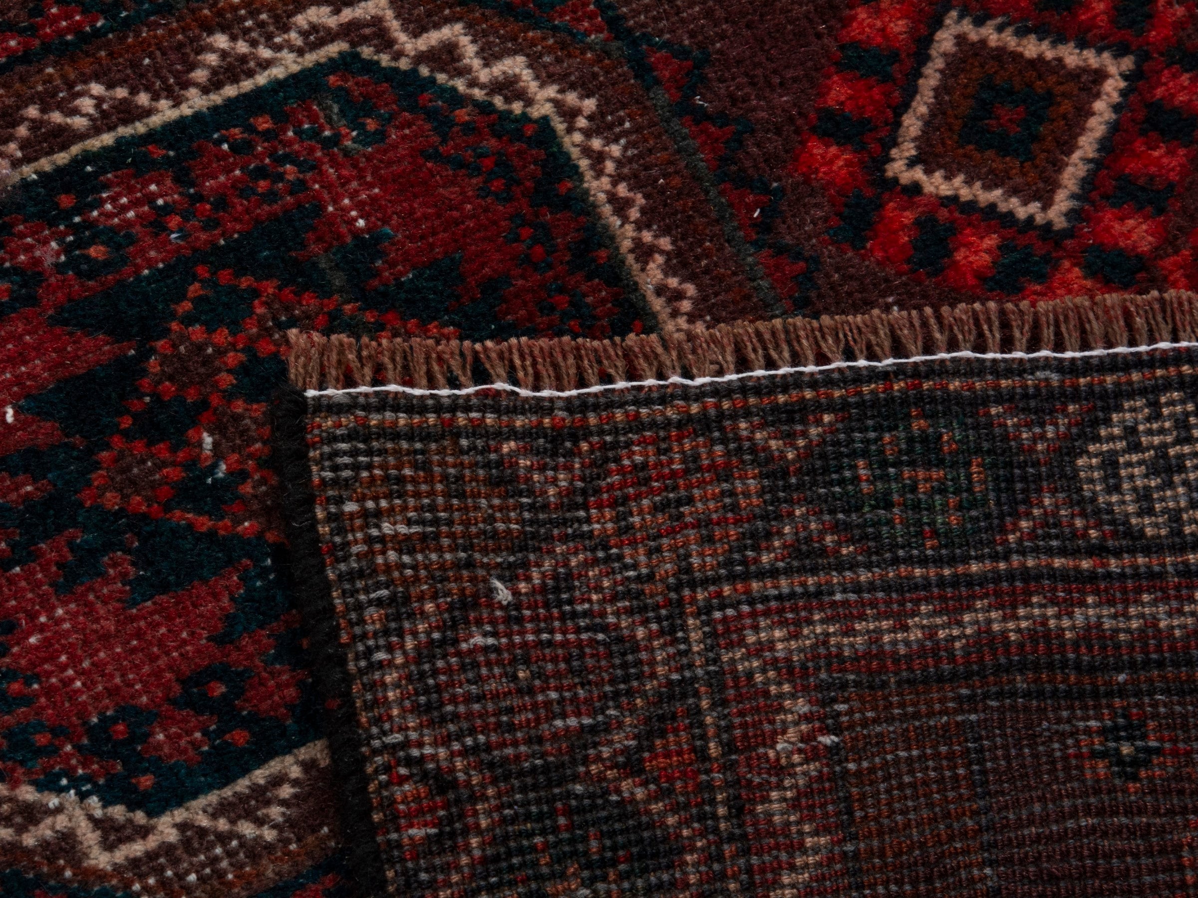 Persian Baluch runner rug in burgundy and deep red, view 17 of 17