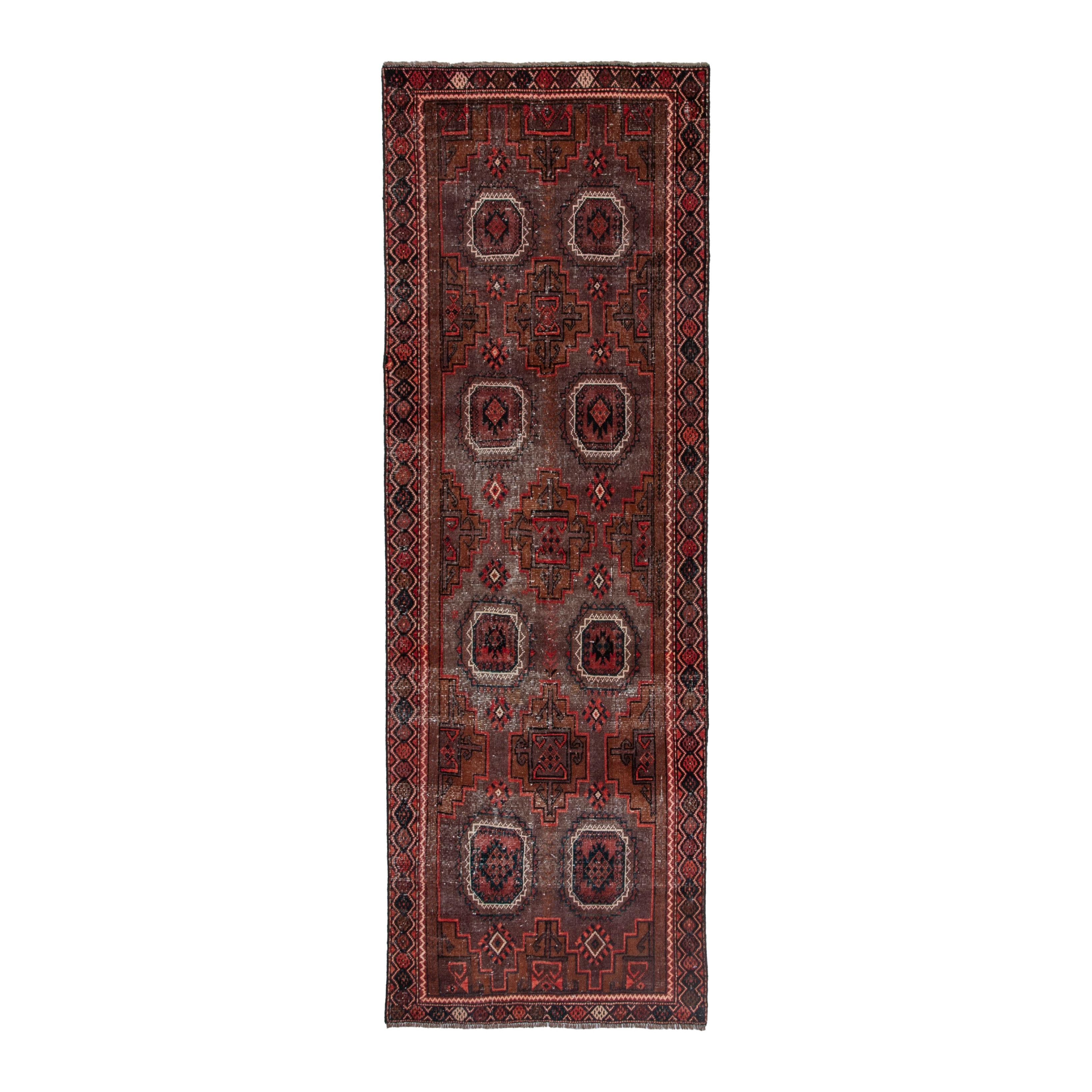 Persian Baluch runner rug in burgundy and deep red, 3'5" x 9'4"