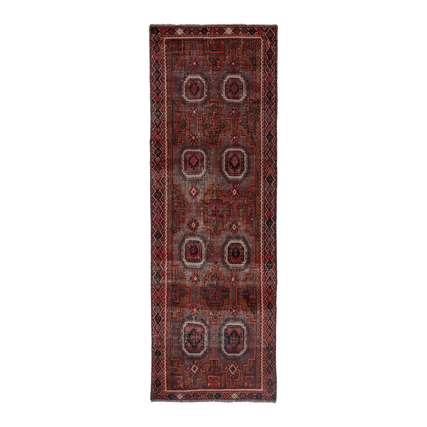 Persian Baluch runner rug in burgundy and deep red, 3'5" x 9'4"