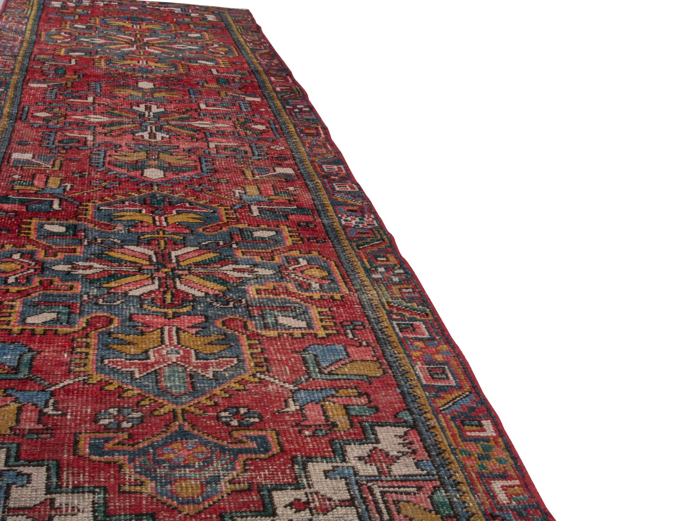 Persian Gharajeh runner rug in deep red and denim, view 10 of 18