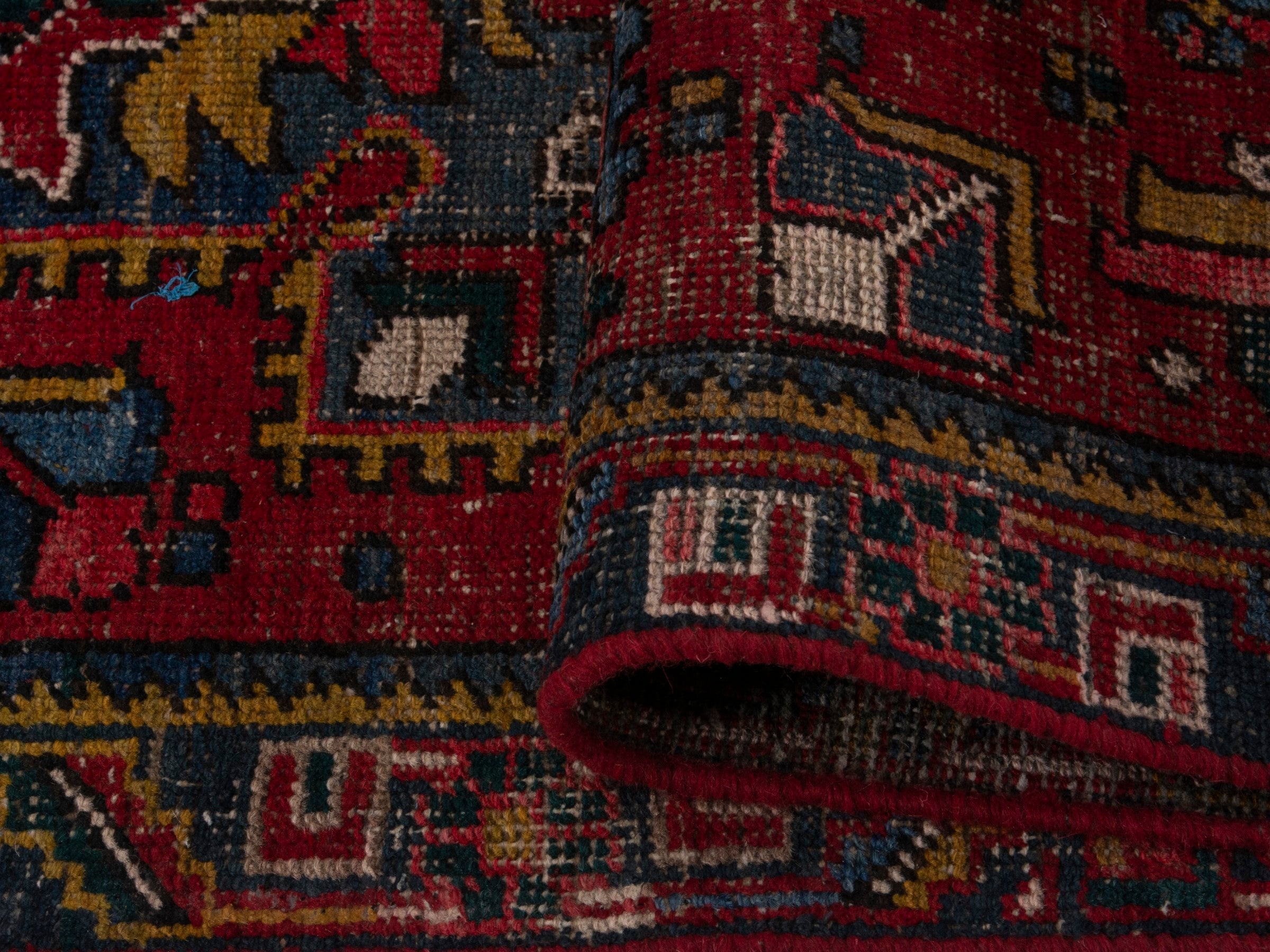 Persian Gharajeh runner rug in deep red and denim, view 15 of 18