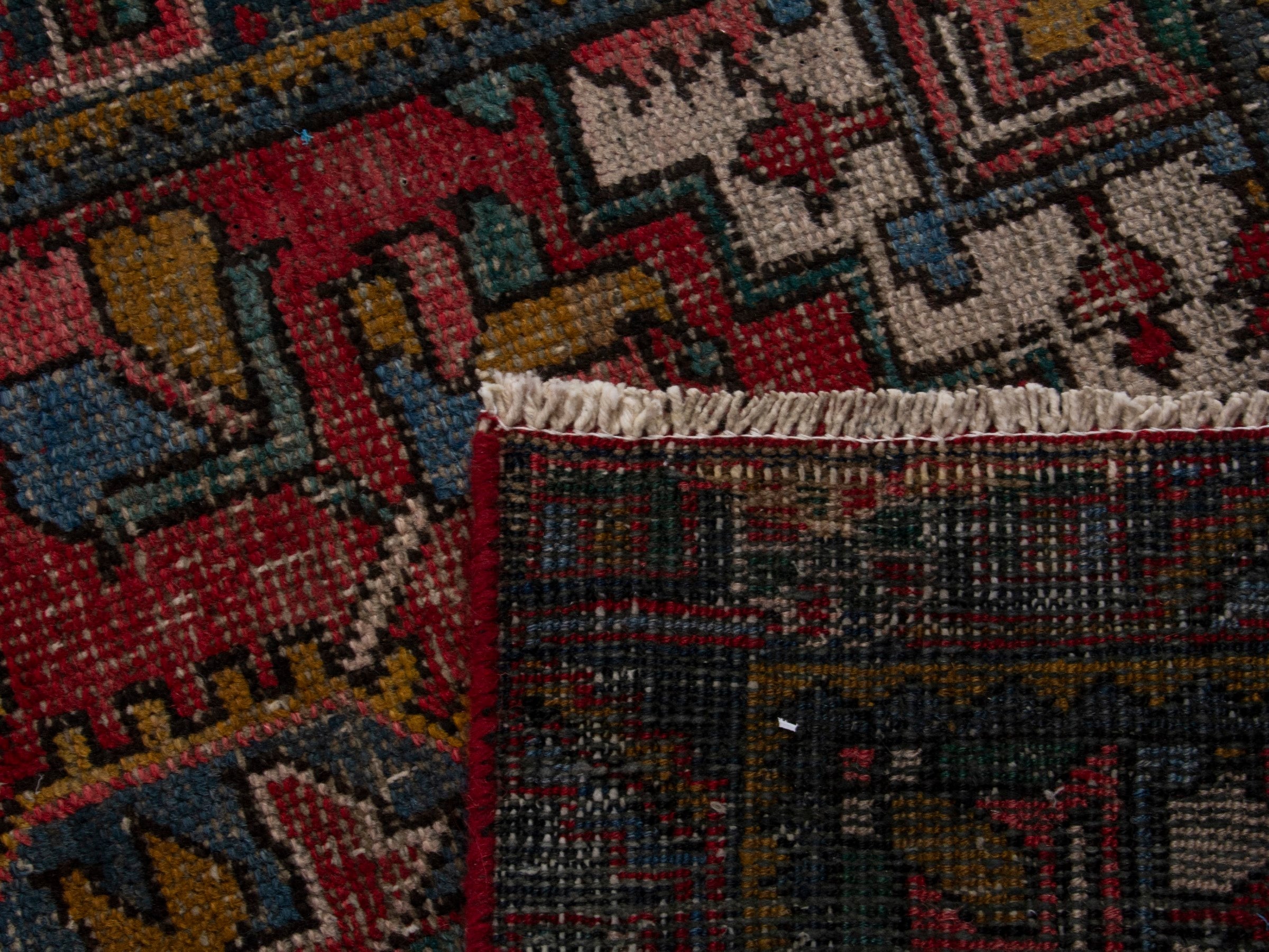 Persian Gharajeh runner rug in deep red and denim, view 18 of 18