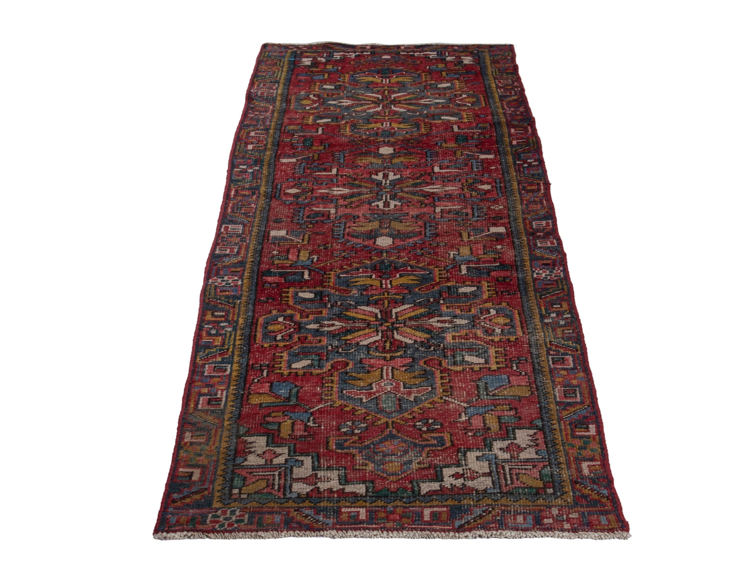 Persian Gharajeh runner rug in deep red and denim, view 2 of 18