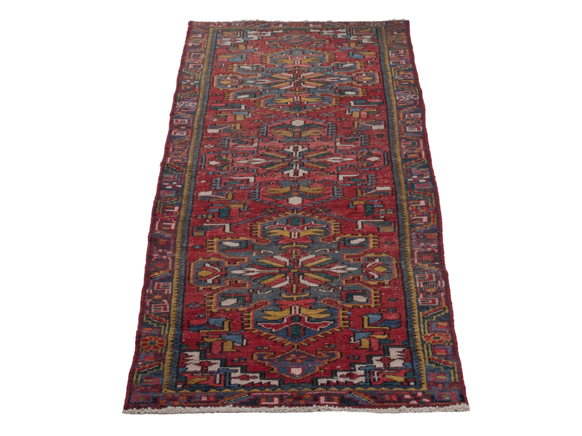 Persian Gharajeh runner rug in deep red and denim, view 3 of 18