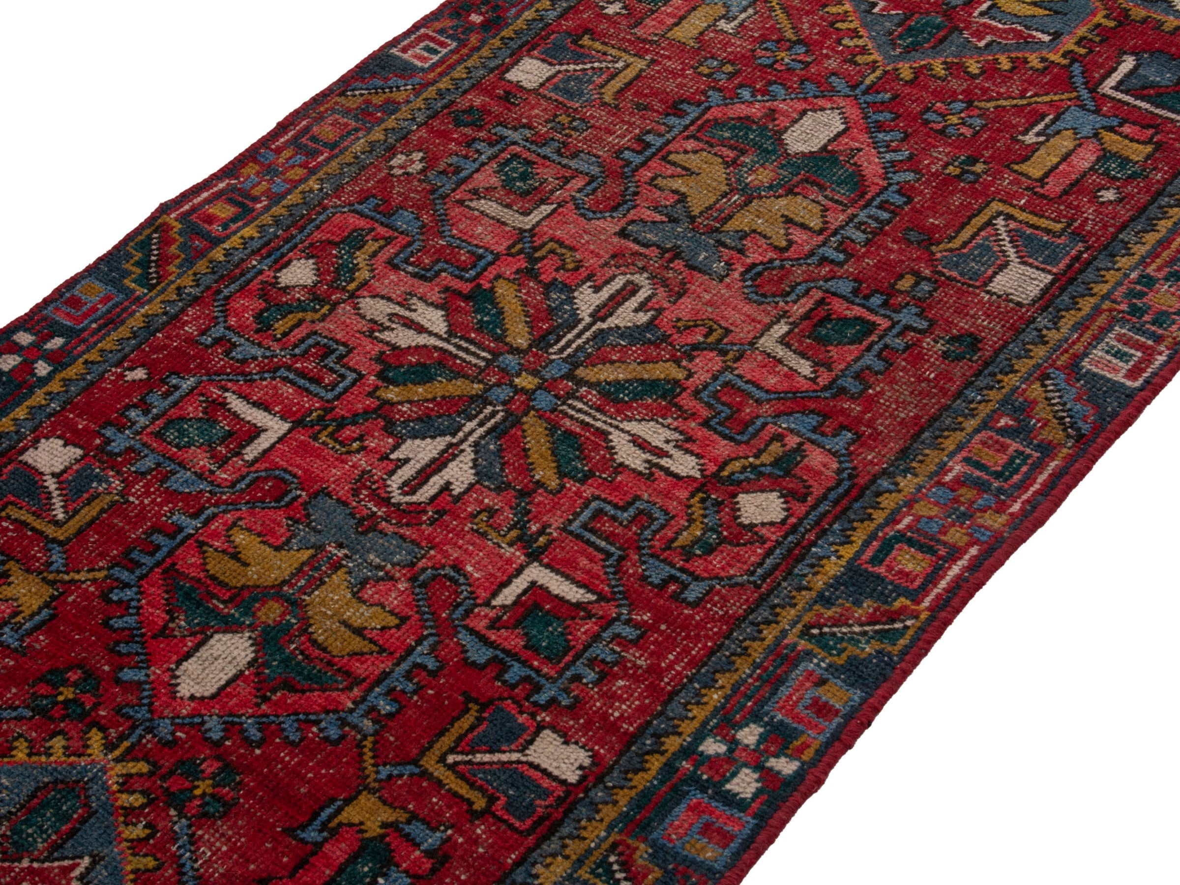 Persian Gharajeh runner rug in deep red and denim, view 4 of 18