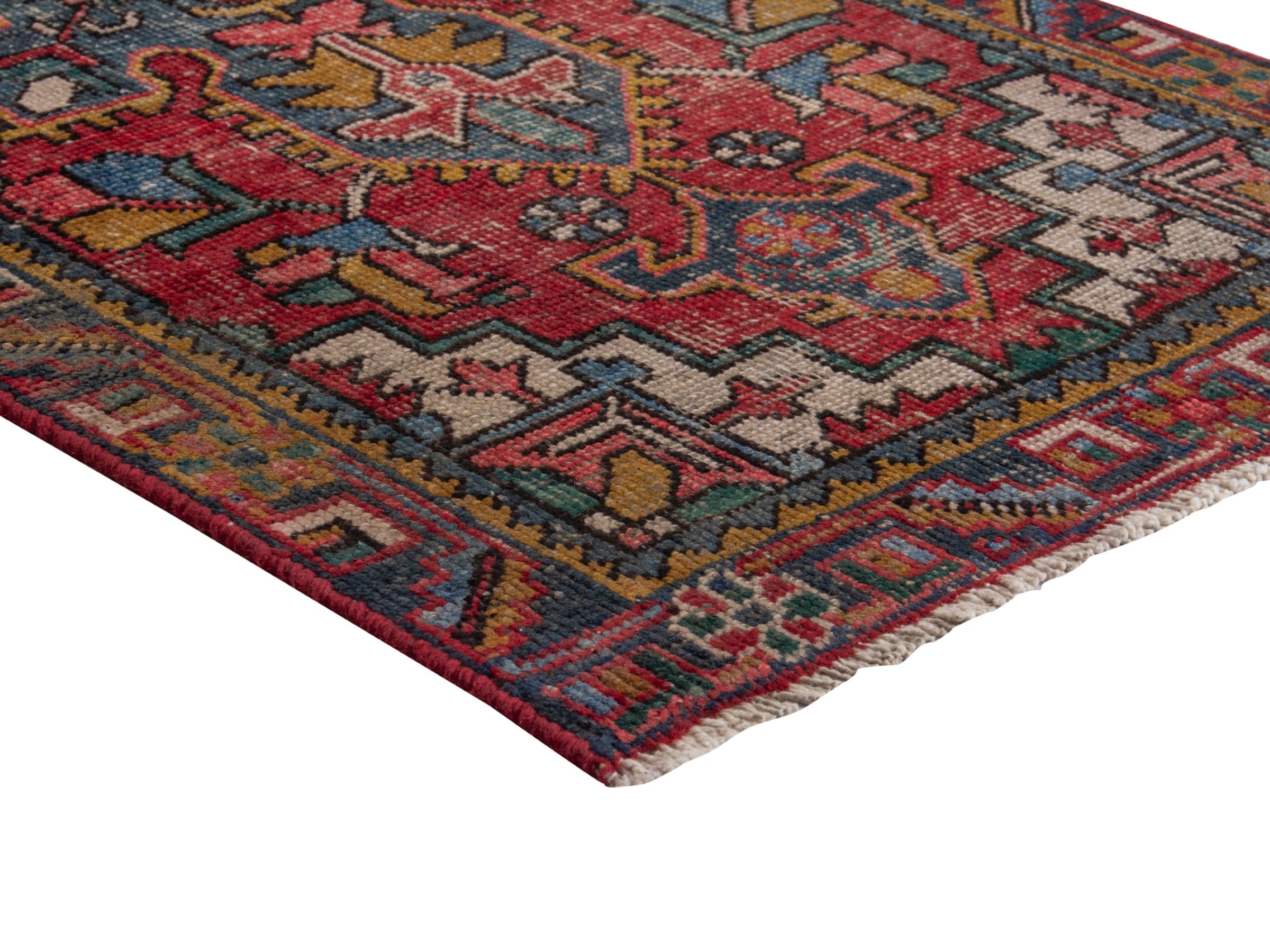 Persian Gharajeh runner rug in deep red and denim, view 6 of 18