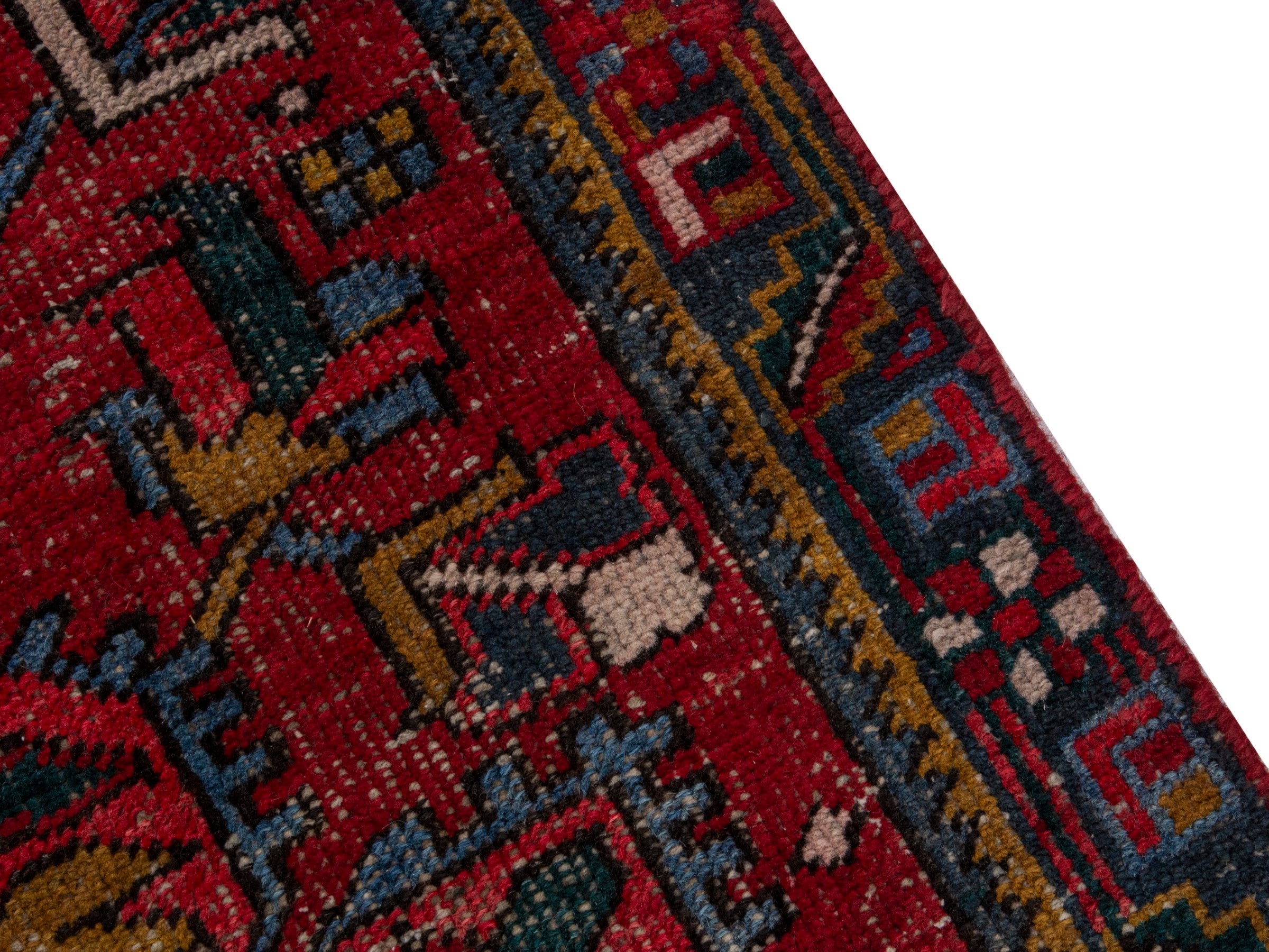 Persian Gharajeh runner rug in deep red and denim, view 7 of 18