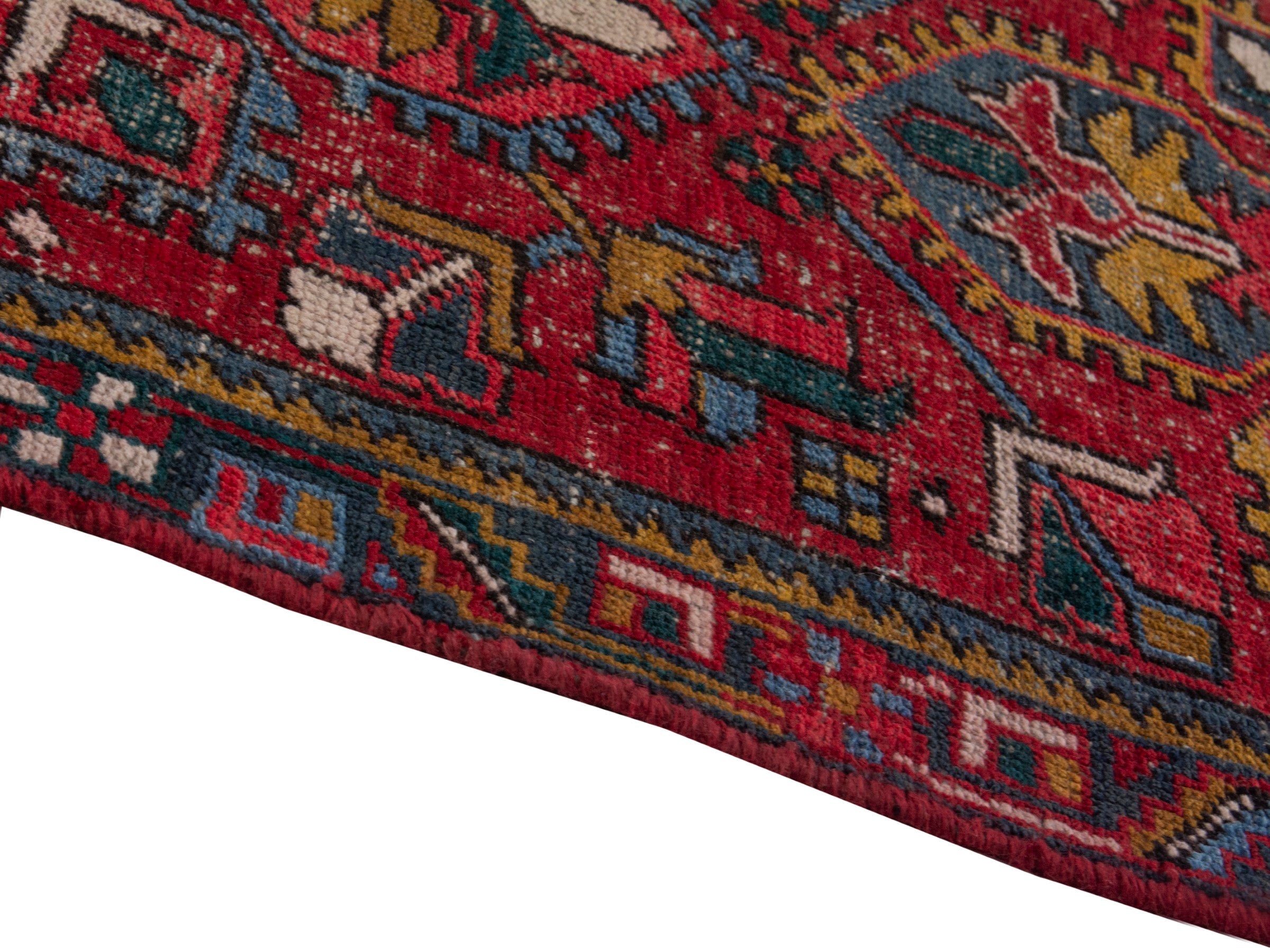 Persian Gharajeh runner rug in deep red and denim, view 8 of 18