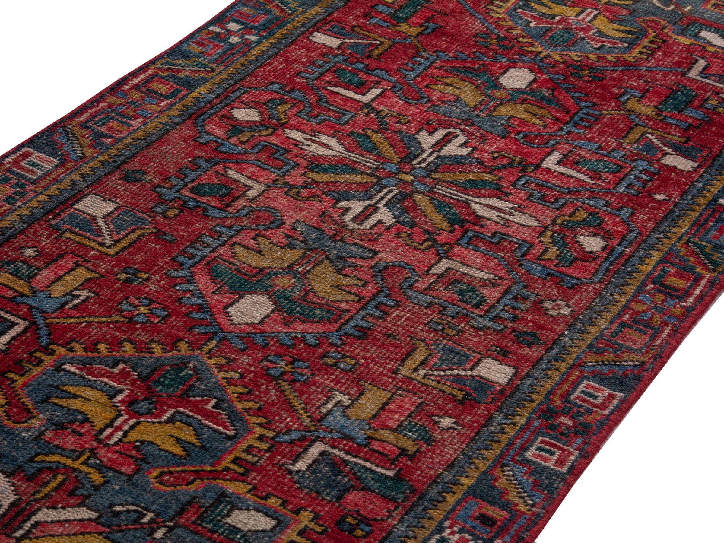 Persian Gharajeh runner rug in deep red and denim, view 9 of 18