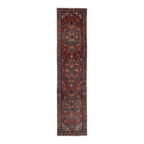 Persian Gharajeh runner rug in deep red and denim, 2'8" x 10'8"