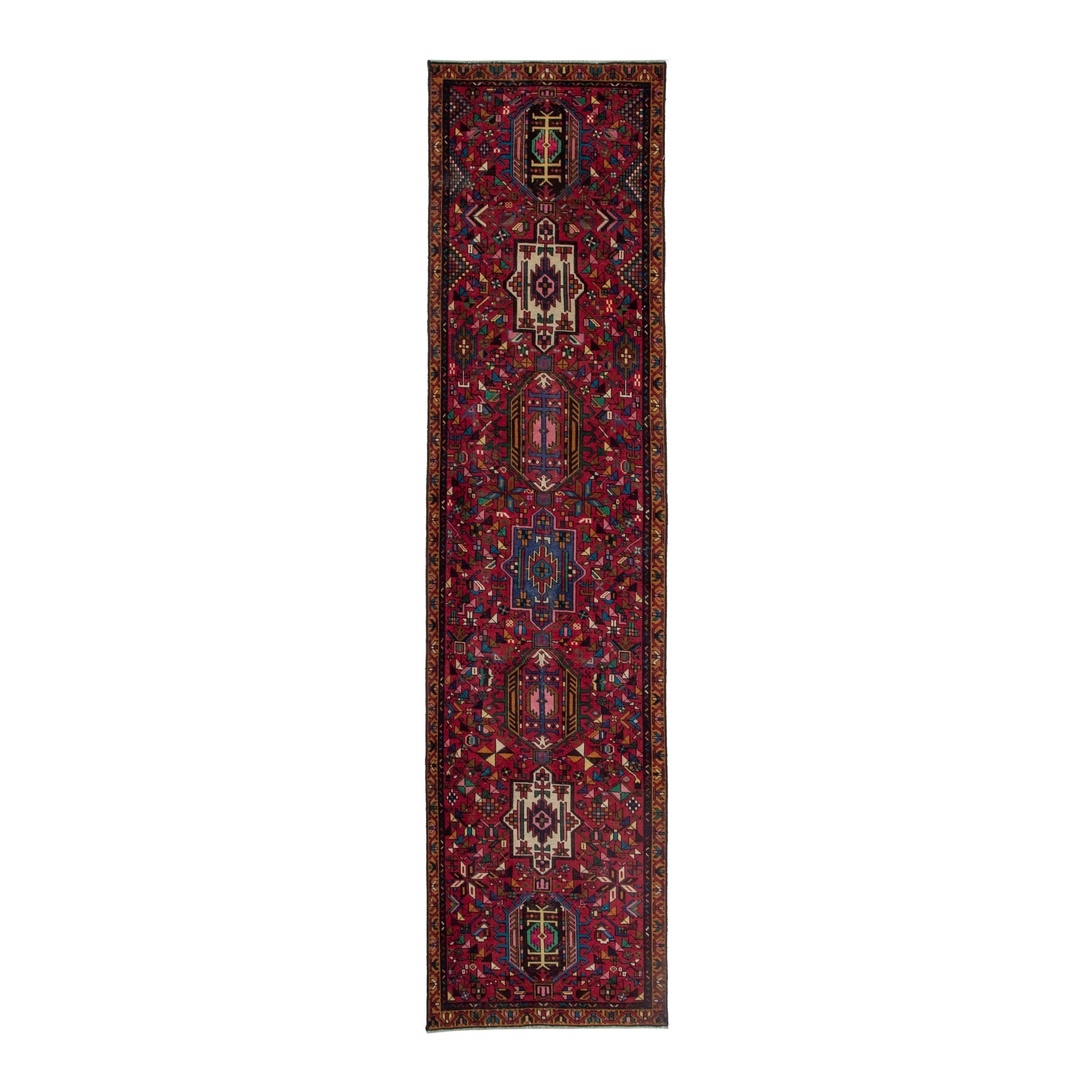 Persian Gharajeh runner rug in burgundy and deep red, 3'7" x 13'3"