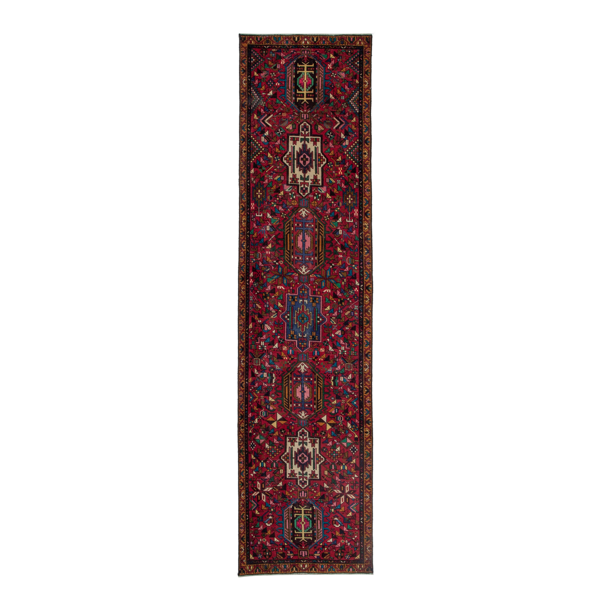 Persian Gharajeh runner rug in burgundy and deep red, 3'7" x 13'3"