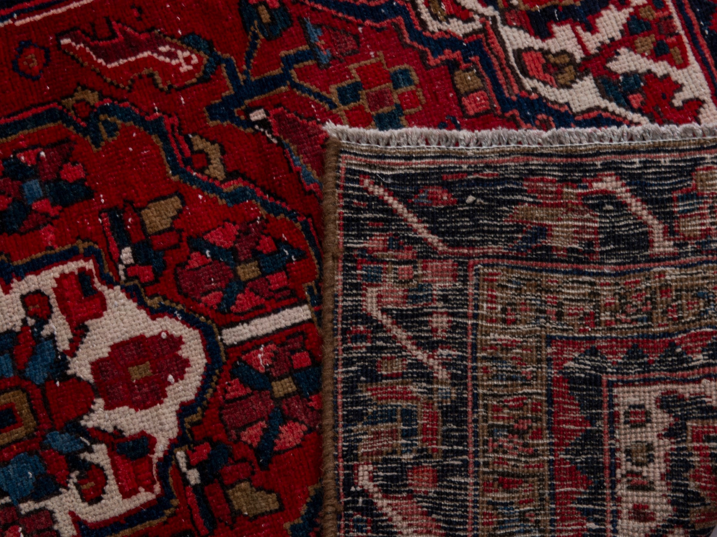 Persian Gorevan runner rug in deep red and navy, view 19 of 19
