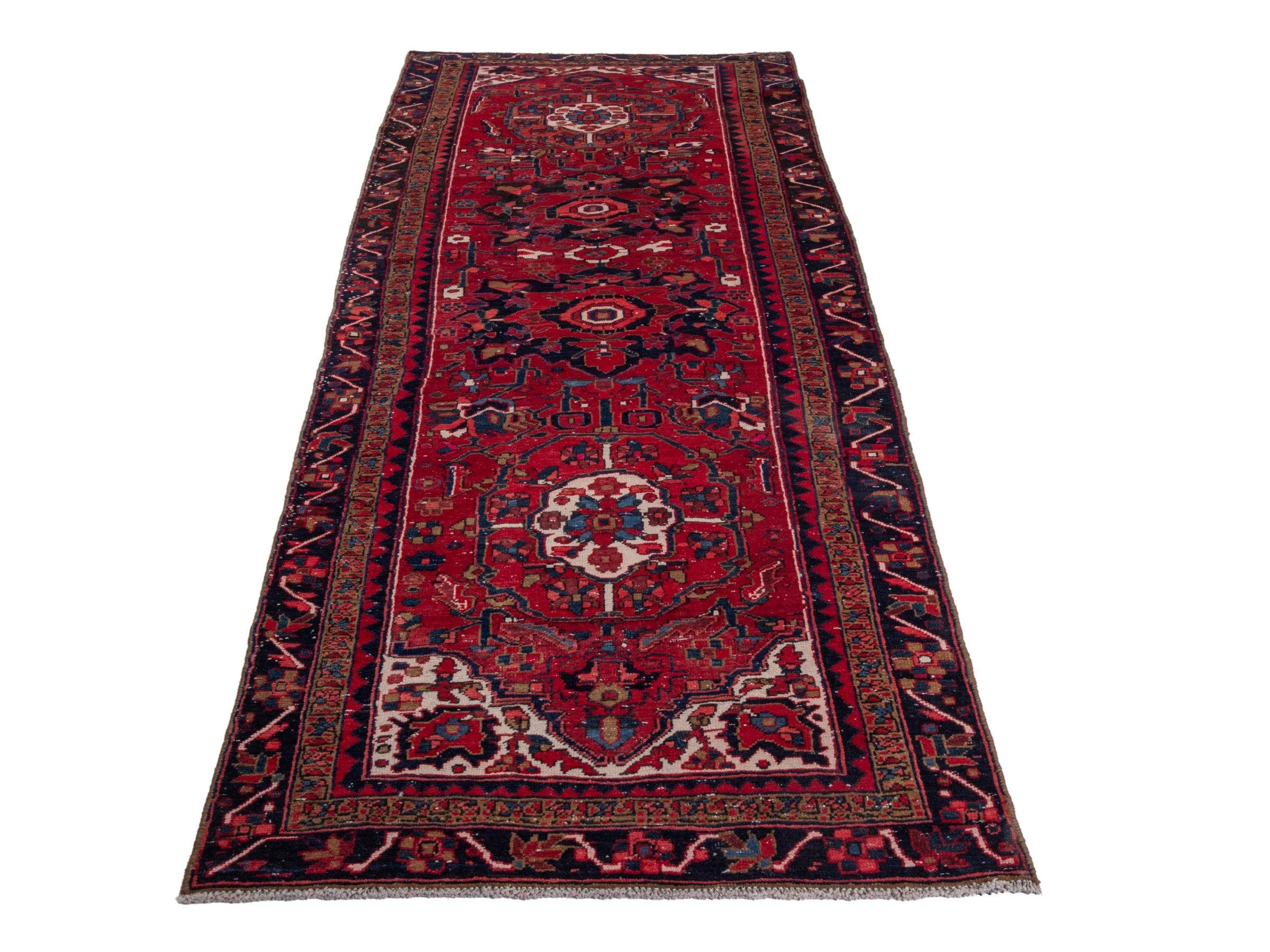 Persian Gorevan runner rug in deep red and navy, view 3 of 19