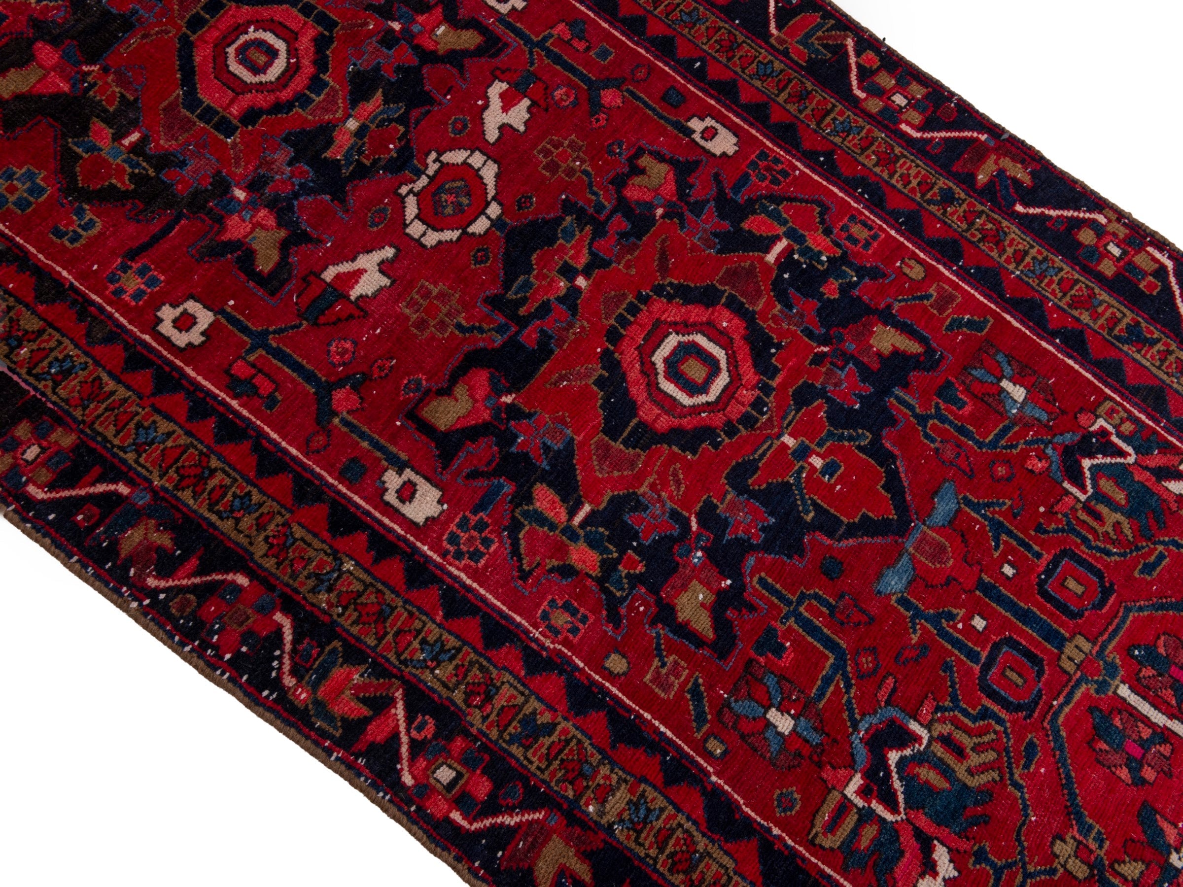 Persian Gorevan runner rug in deep red and navy, view 4 of 19