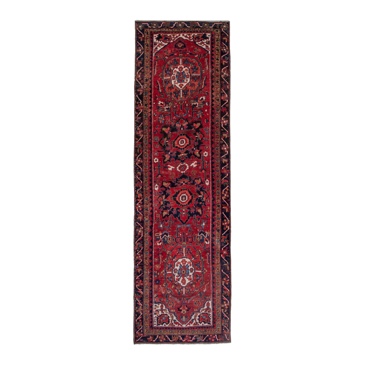 Persian Gorevan runner rug in deep red and navy, 3'5" x 10'8"