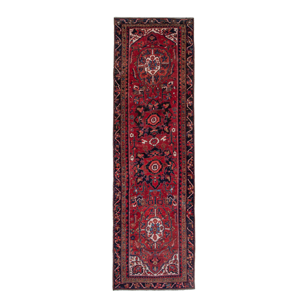 Persian Goravan runner rug in deep red and navy, 3'5" x 10'8"