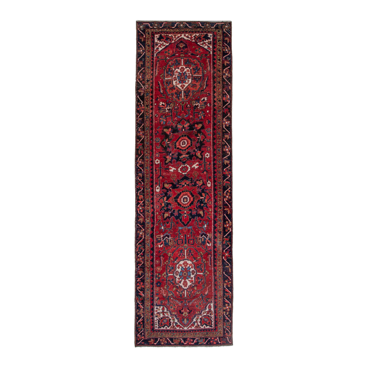 Persian Gorevan runner rug in deep red and navy, 3'5" x 10'8"