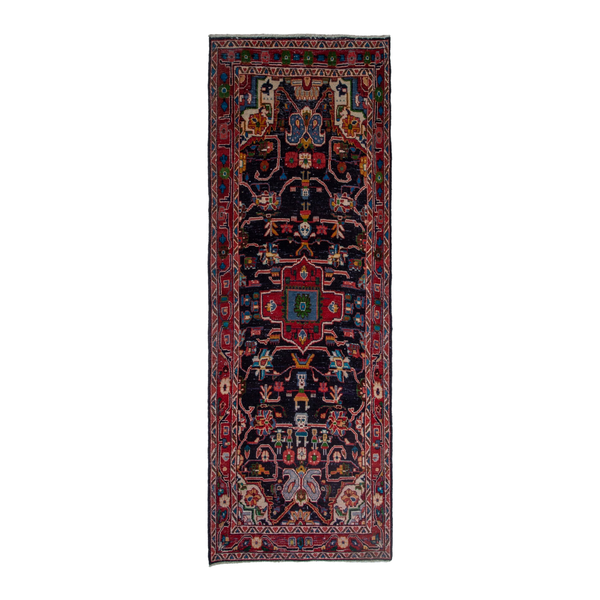 Persian Mahal runner rug in navy and burgundy, 3'7" x 9'10"