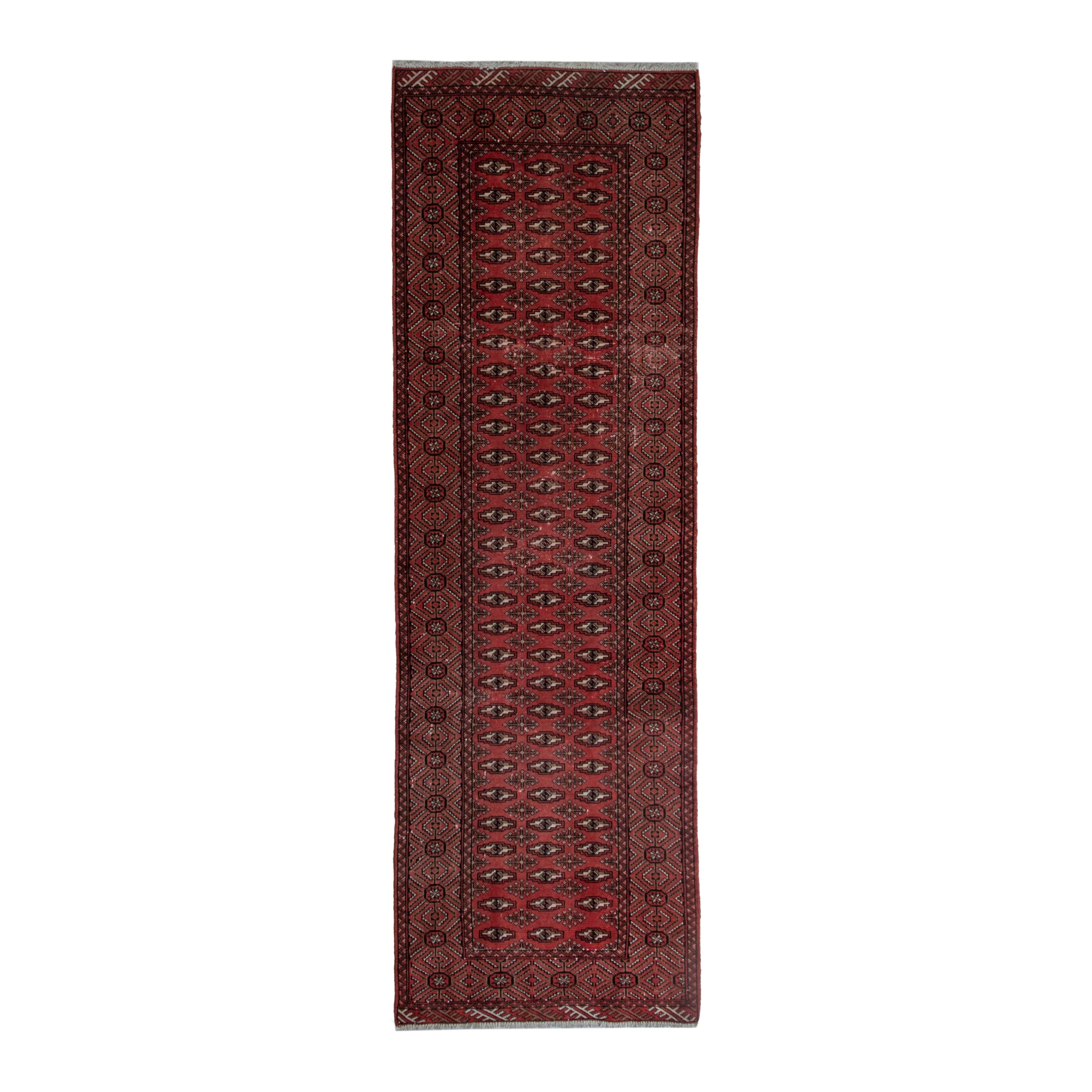 Persian Torkaman runner rug in burgundy and dark brown, 3'1" x 9'4"