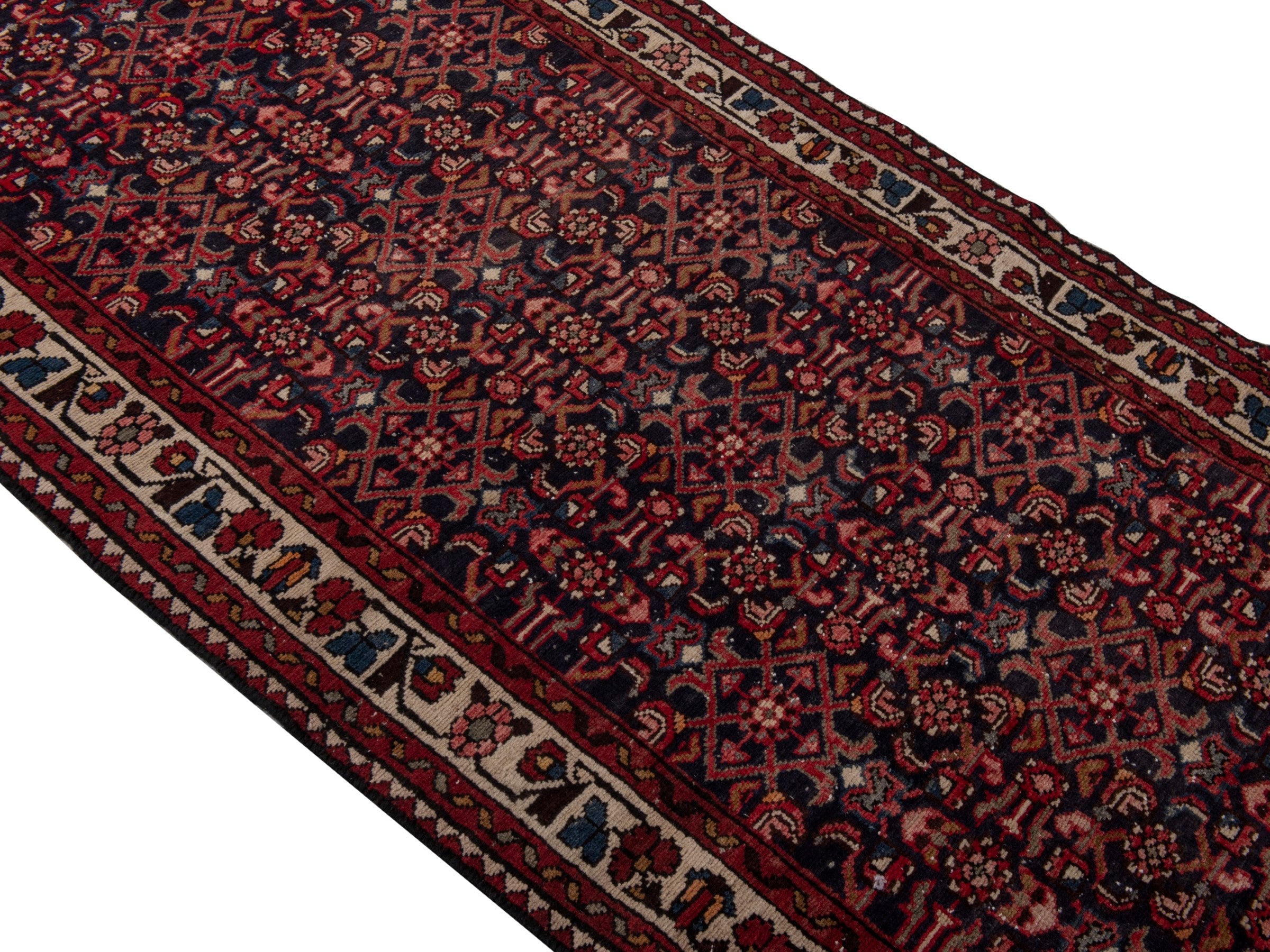 Persian Hamedan runner rug in burgundy and ivory, view 4 of 18