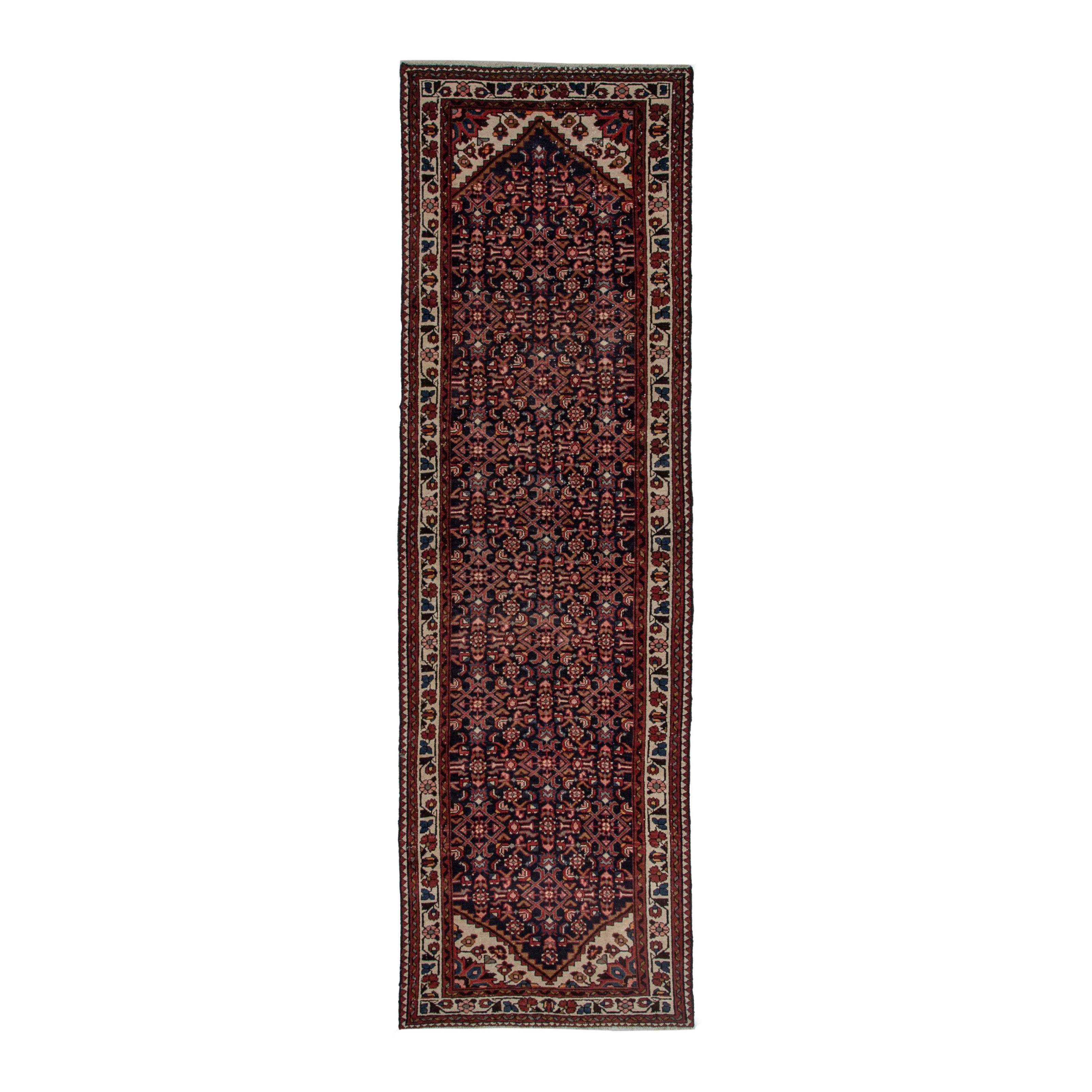 Persian Hamedan runner rug in burgundy and ivory, 3'5" x 10'9"