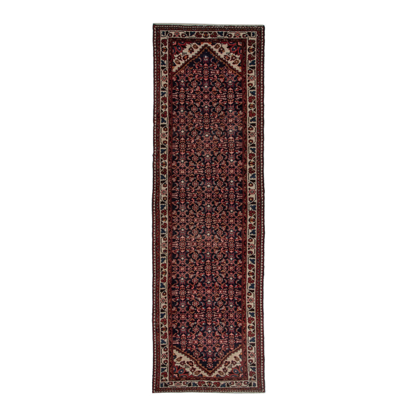 Persian Hamadan runner rug in burgundy and ivory, 3'5" x 10'9"