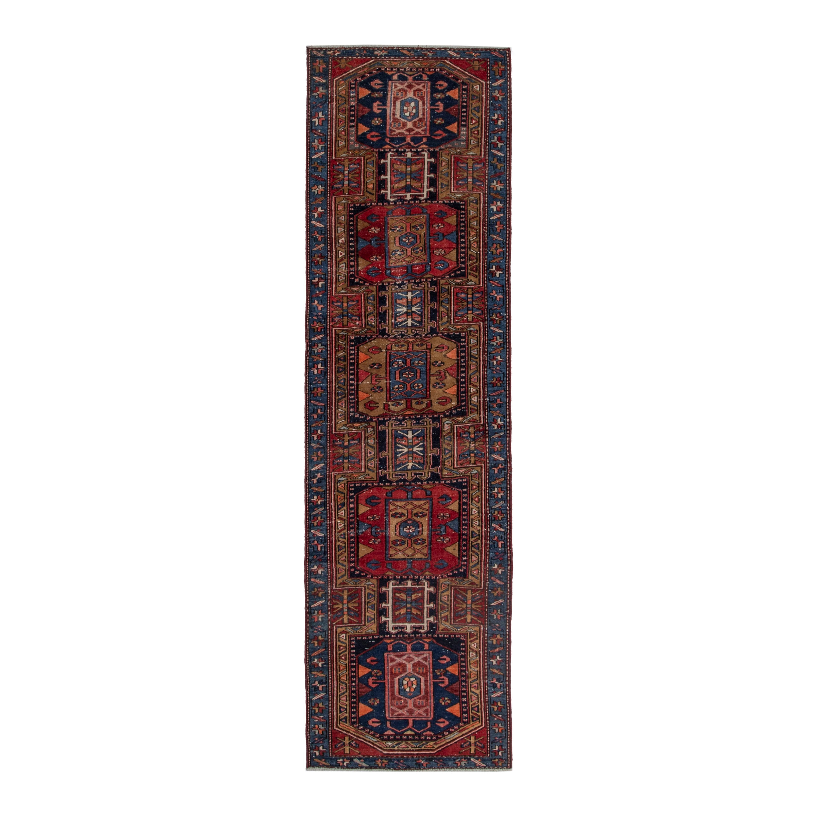 Persian Azerbaijan runner rug in deep red and dark blue, 3' x 10'2"