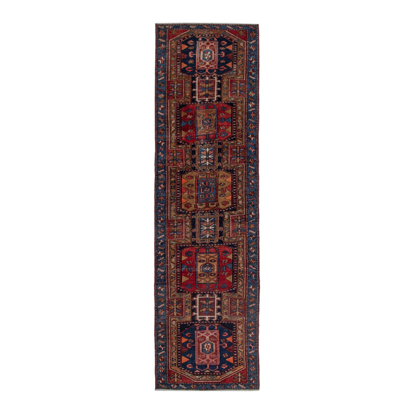 Persian Azerbaijan runner rug in deep red and dark blue, 3' x 10'2"