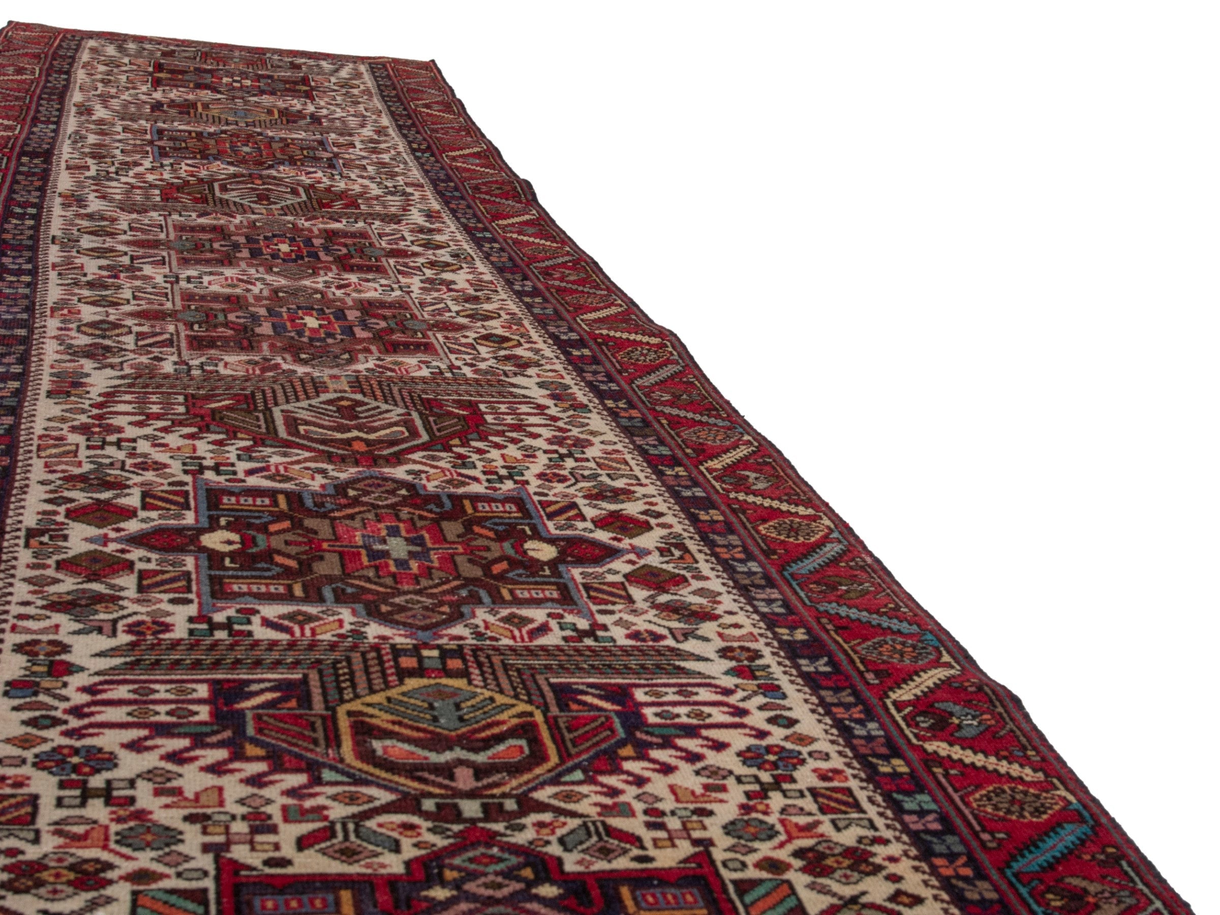 Persian Gharajeh runner rug in ivory and burgundy, view 10 of 18