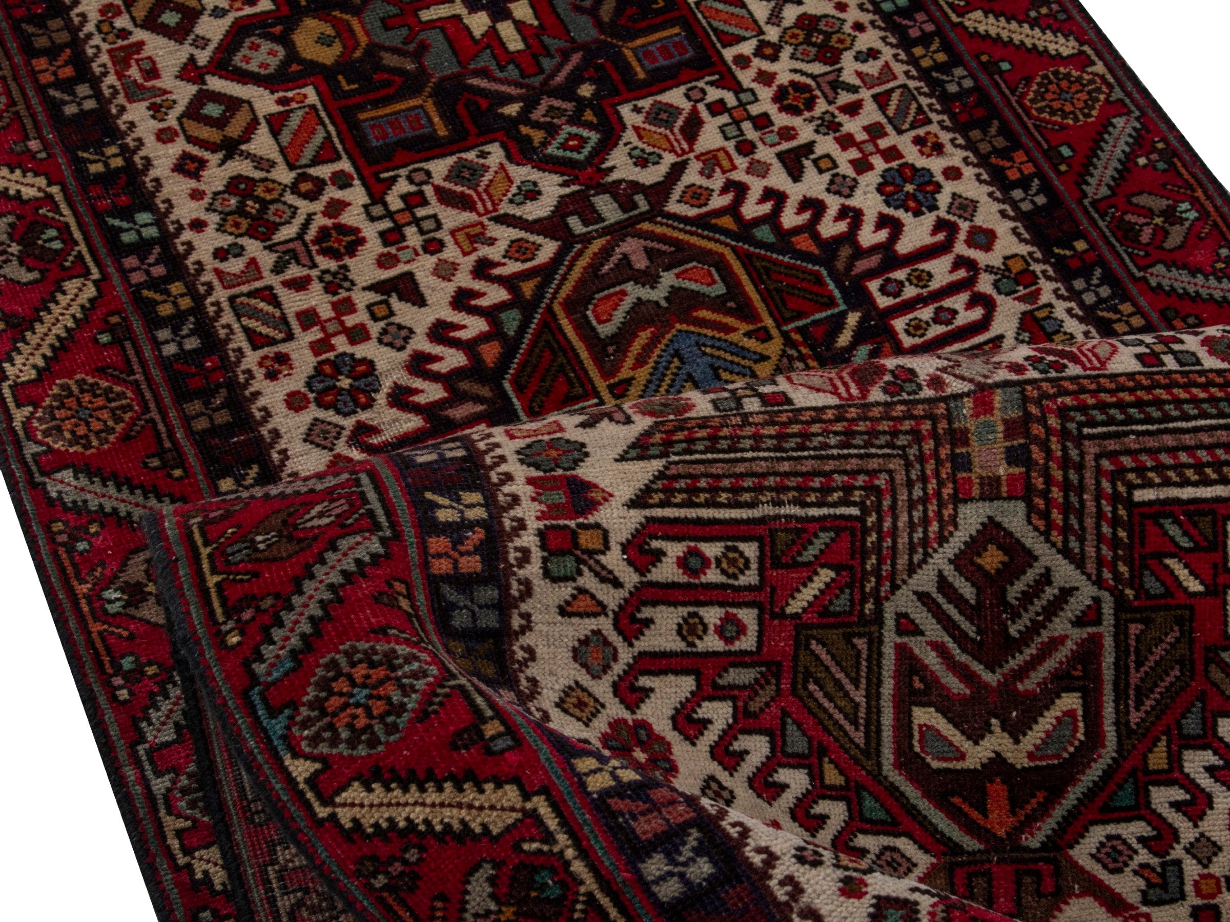 Persian Gharajeh runner rug in ivory and burgundy, view 15 of 18
