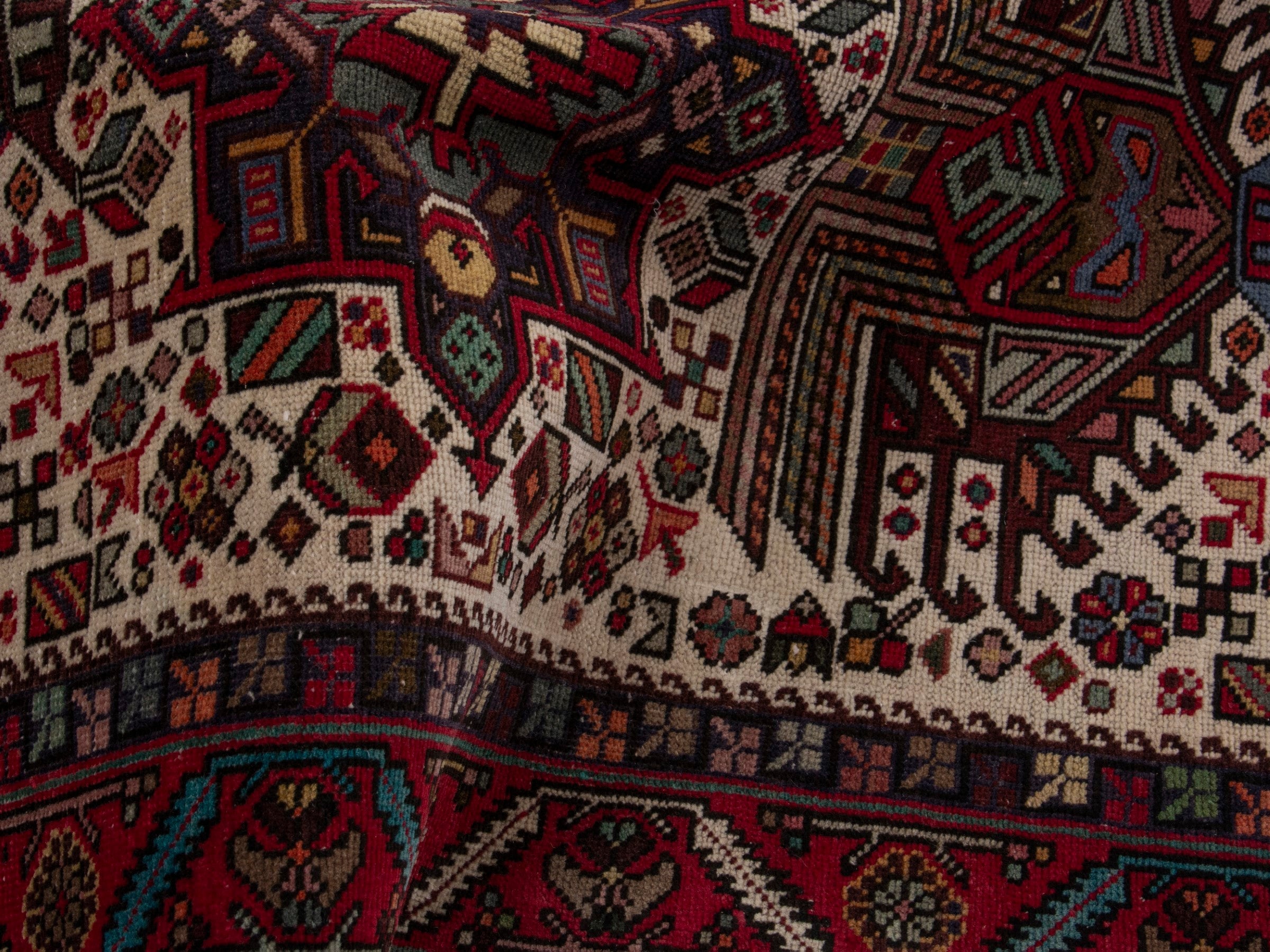 Persian Gharajeh runner rug in ivory and burgundy, view 16 of 18