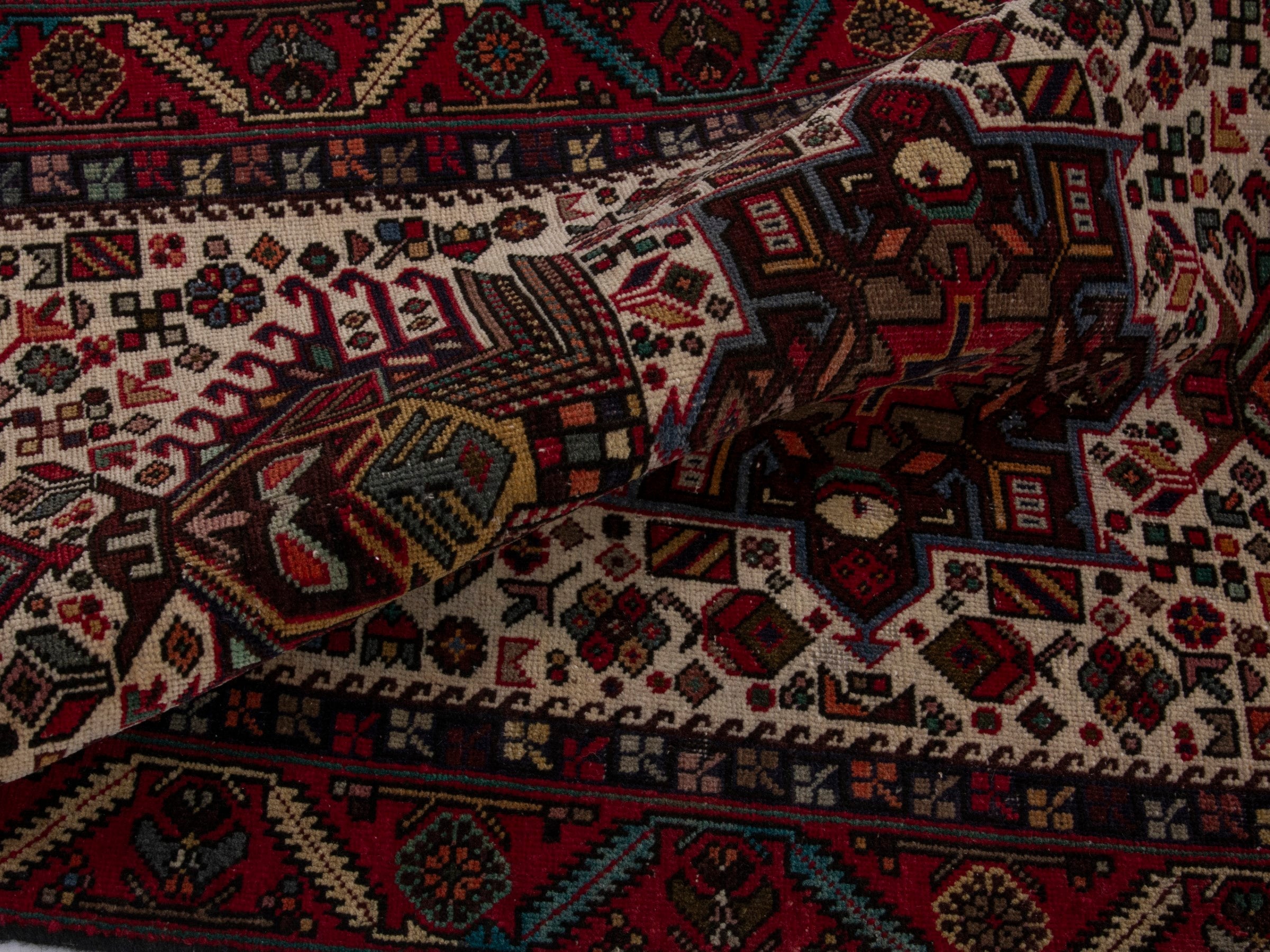 Persian Gharajeh runner rug in ivory and burgundy, view 17 of 18
